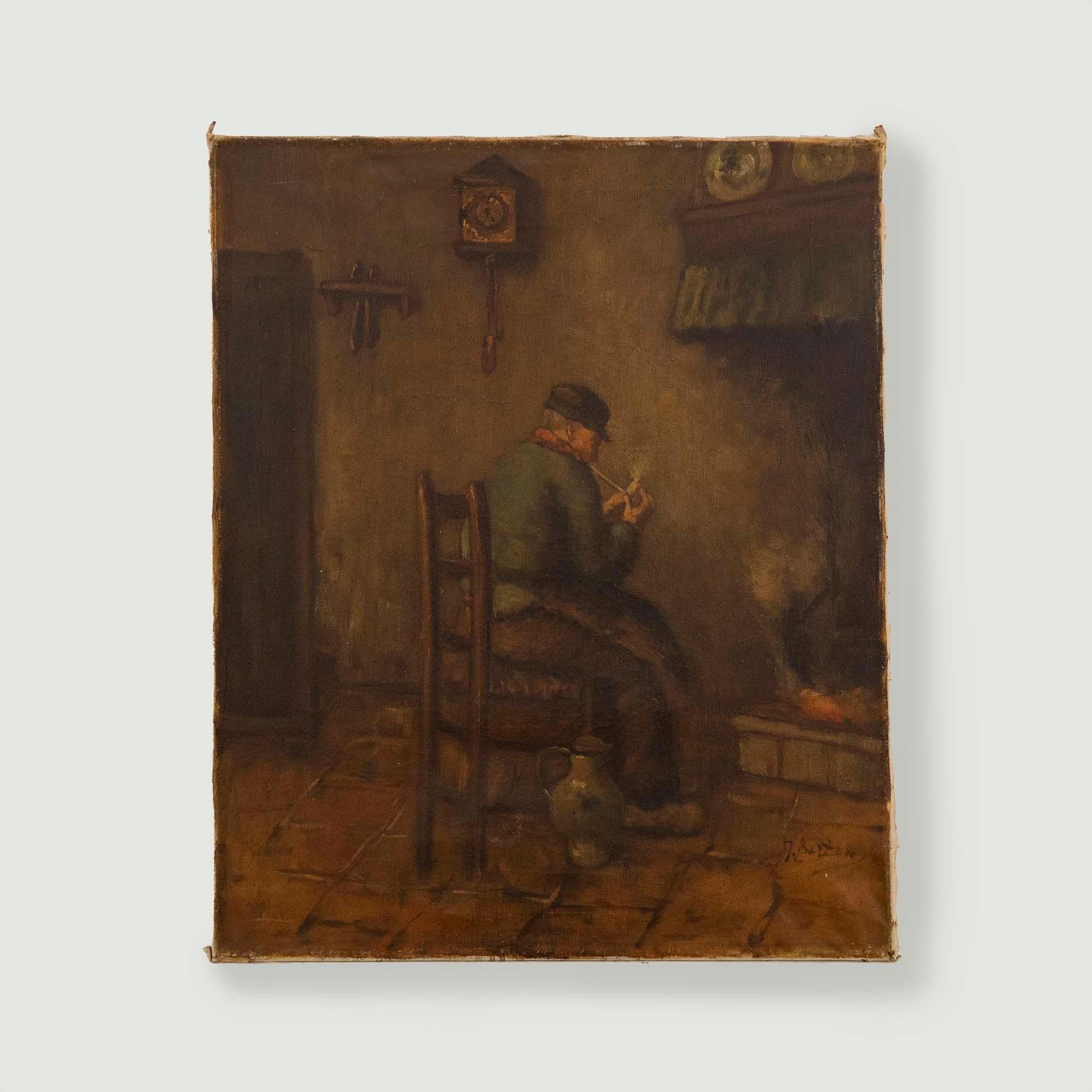 J. Batten  Ölgemälde der niederländischen Schule des frühen 20. Jahrhunderts, Rauchen neben dem Feuer im Angebot 2
