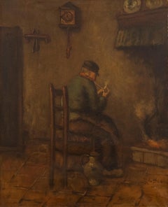 J. Batten  - Dutch School Early 20th Century Oil, Smoking Beside the Fire