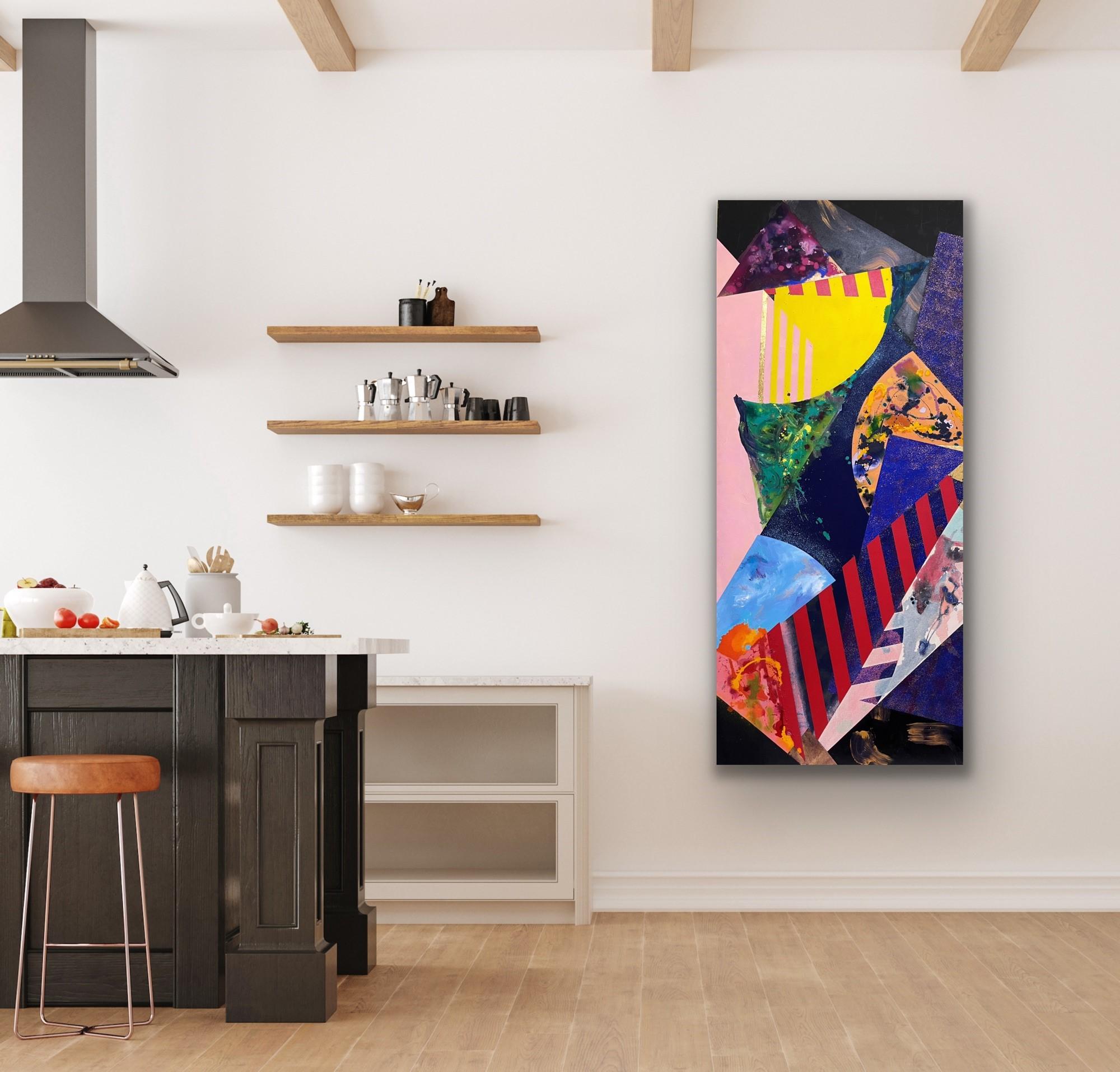 Night Crossing, 82 x 37, colorful abstract geometric  - Abstract Geometric Painting by J. Battenfield