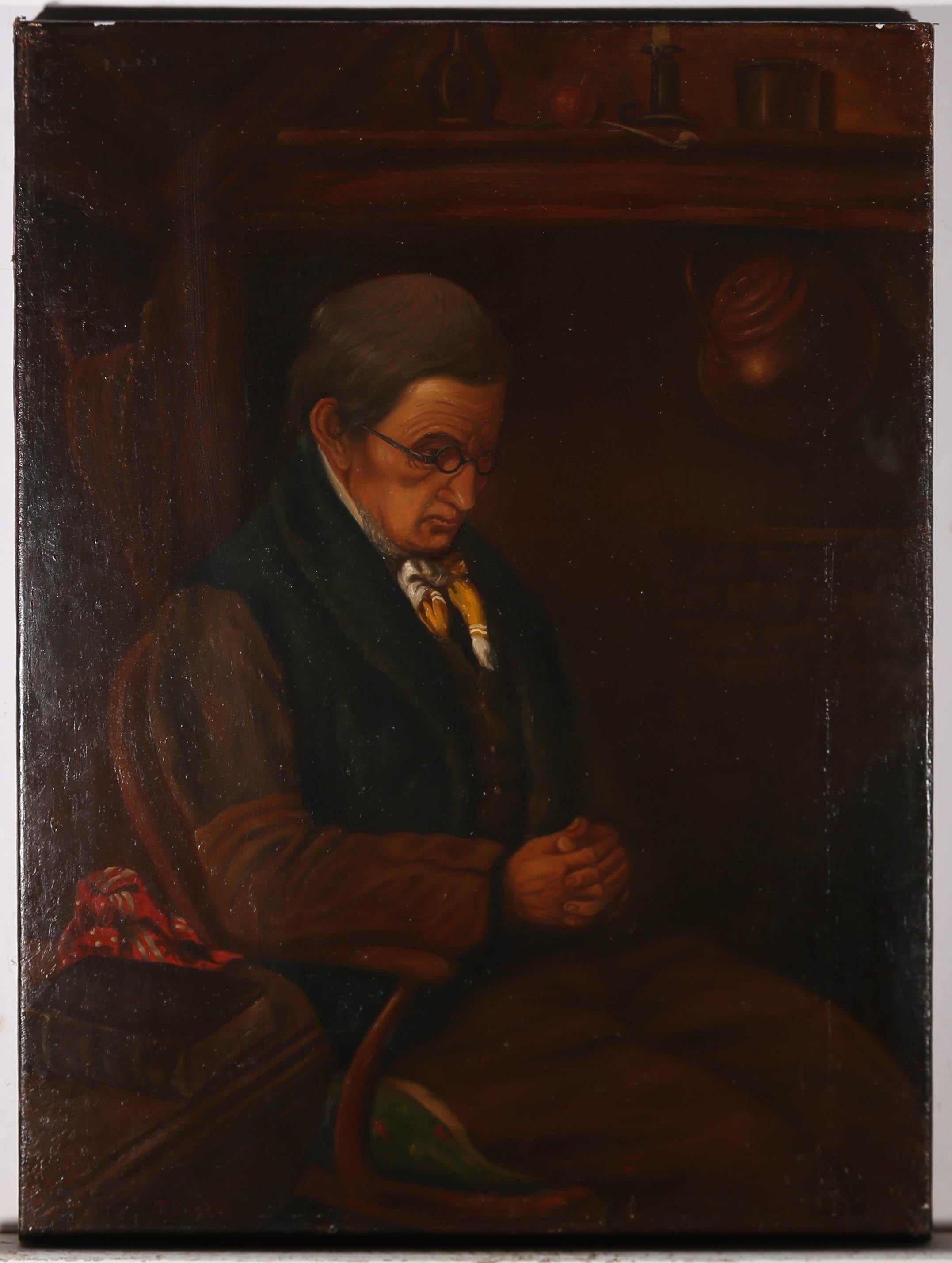 A charming portrait of a gentleman seated in his favourite chair beside a large fireplace. Household trinkets line the mantelpiece and a clay pipe can be seen just out of reach. His quiet demeanour suggests he is just about to fall asleep. Signed to