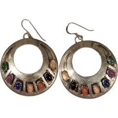 J. Begay Navajo Sterling Silver Hoop Earrings with Multi-Stone Inlay