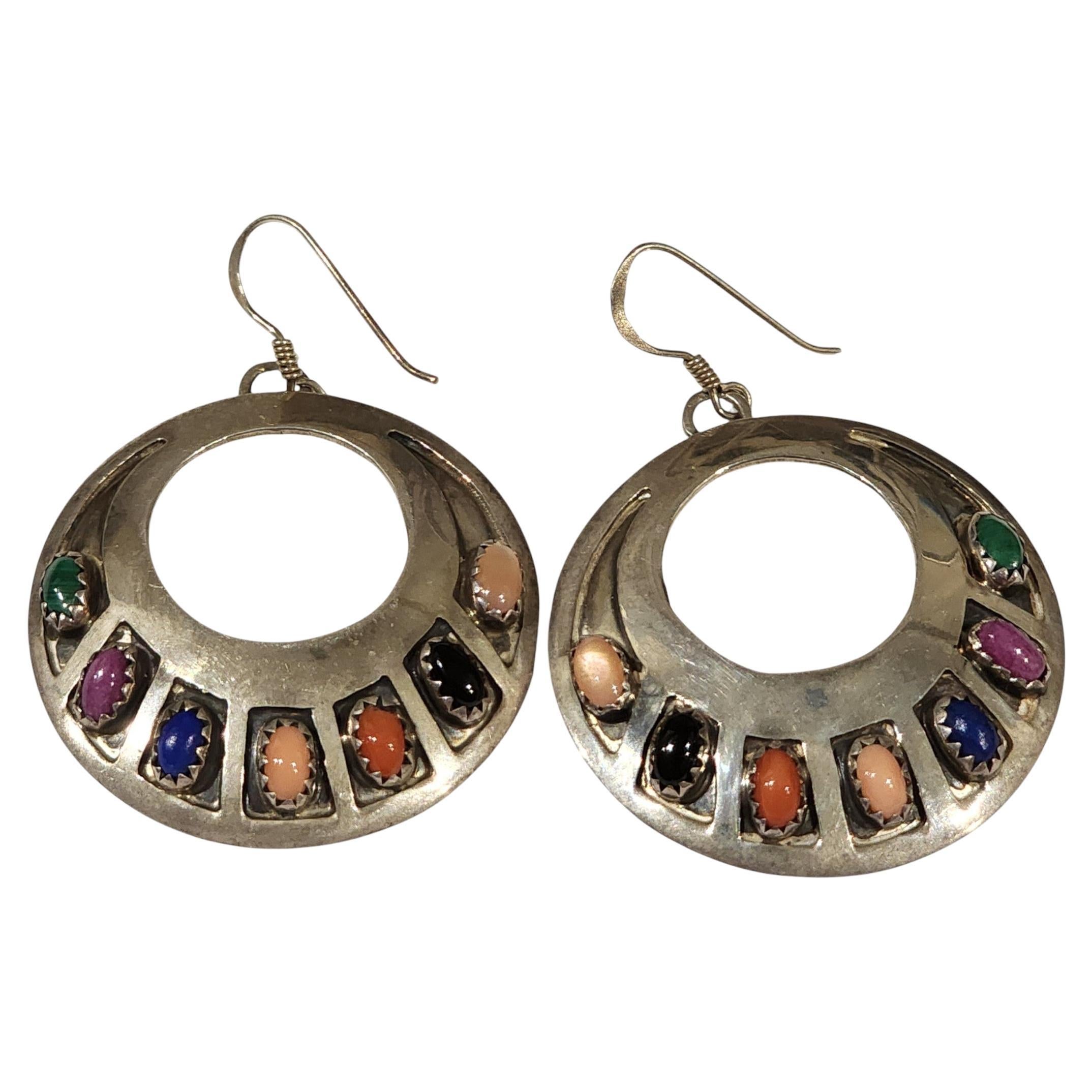 J. Begay Navajo Sterling Silver Hoop Earrings with Multi-Stone Inlay