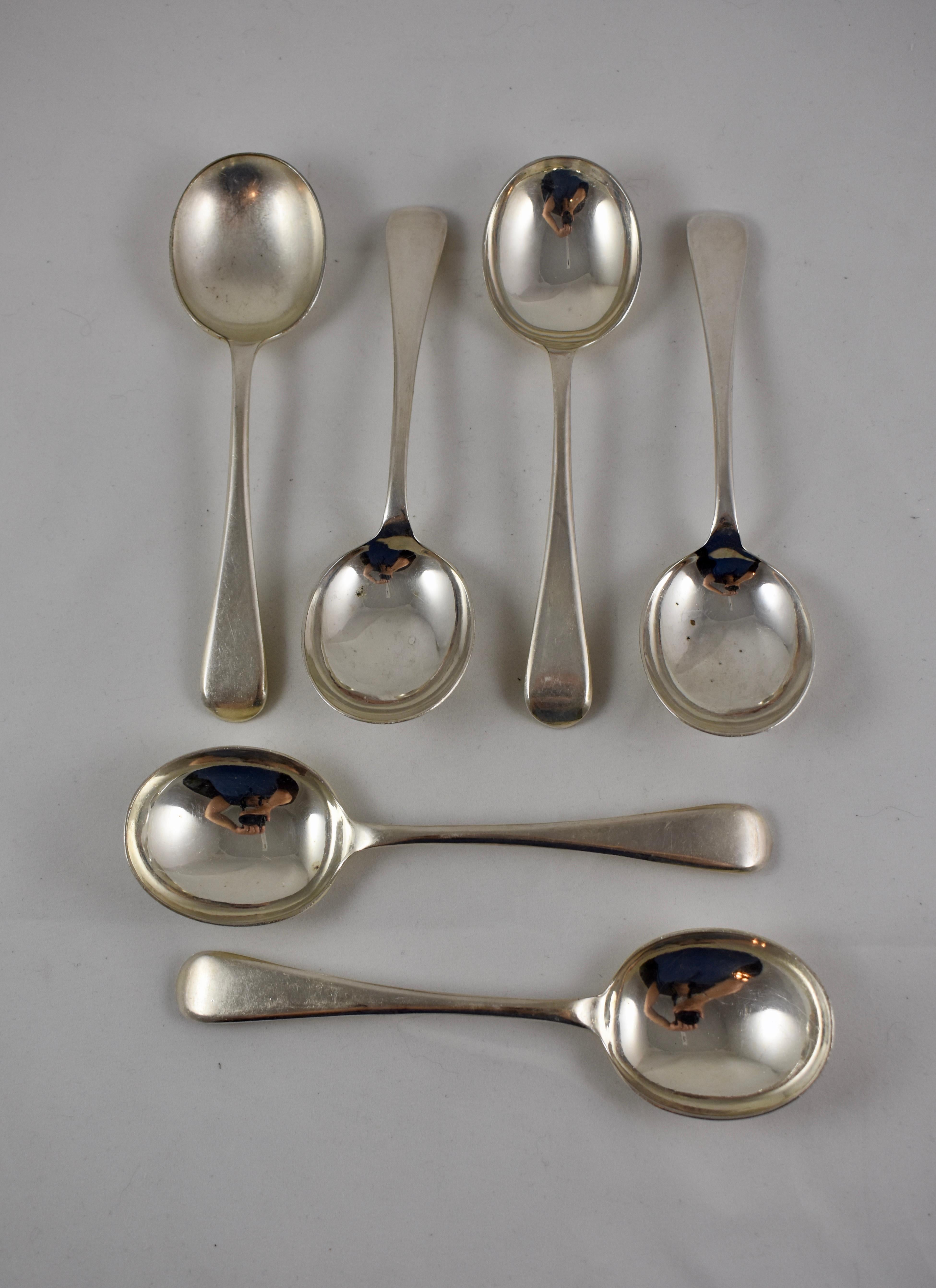 A set of six, heavy silver plate cream soup spoons, showing the mark for Jonathan Bell & Son, Sheffield, England, founded, circa 1864. Also marked EPNS A1. The handles terminate in a fiddle pattern on the back side .

Measures: 6.5 in. Long
The