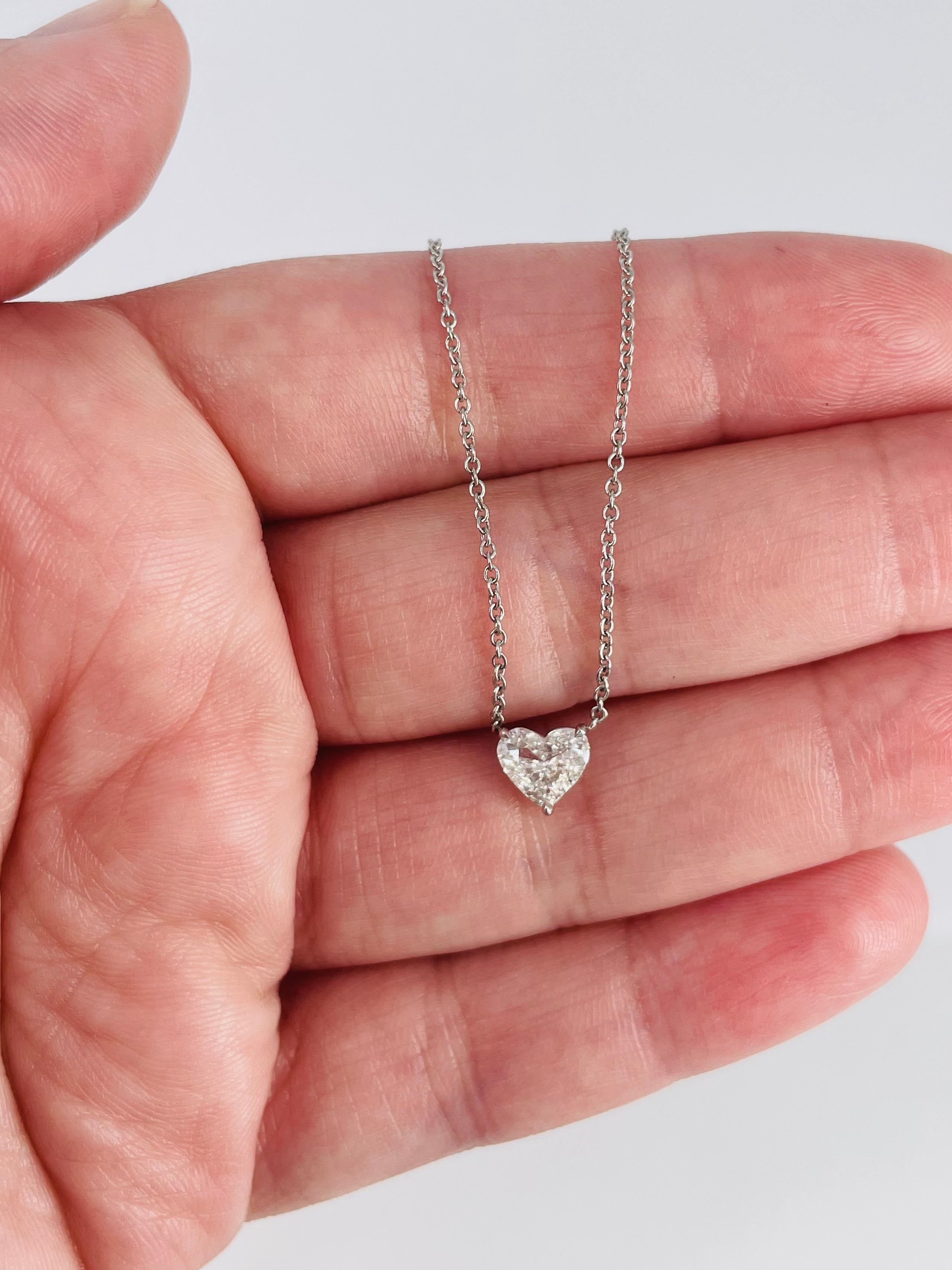 This sweet pendant by J. Birnbach is the perfect everyday piece for yourself or someone you love. The 0.44 carat heart shaped diamond is D color and SI1 clarity, and has a beautiful defined shape. The setting and chain are 18K white gold, and the