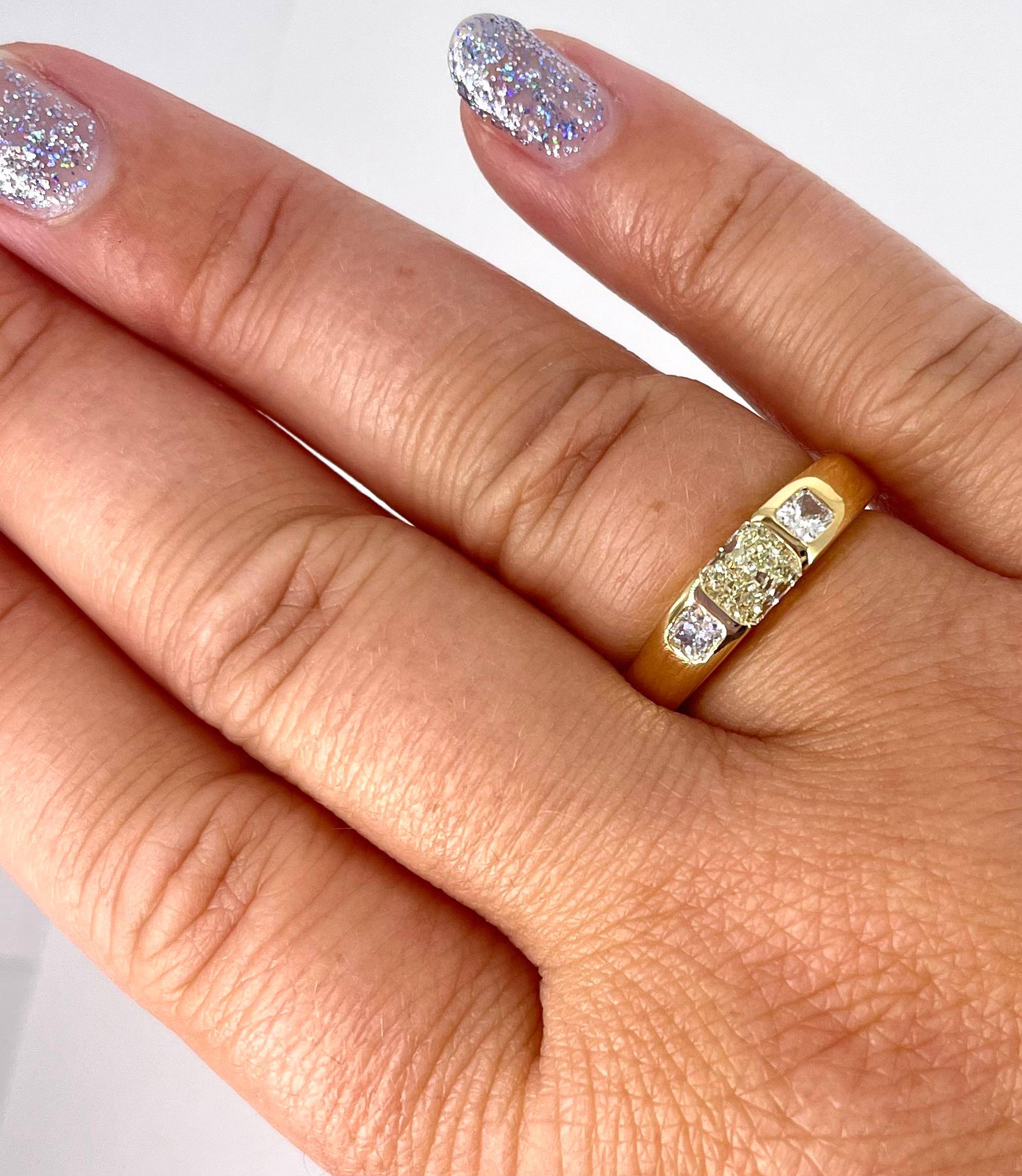 Women's J. Birnbach 0.55 carat Fancy Light Yellow Radiant Diamond Three Stone Ring For Sale