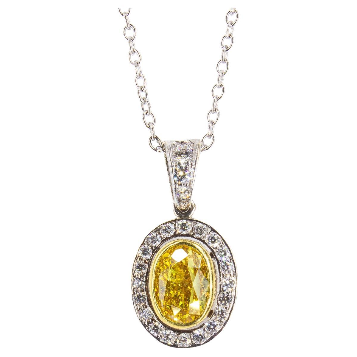 J. Birnbach 0.62 Carat GIA Fancy Vivid Yellow Oval Diamond Pendant Necklace