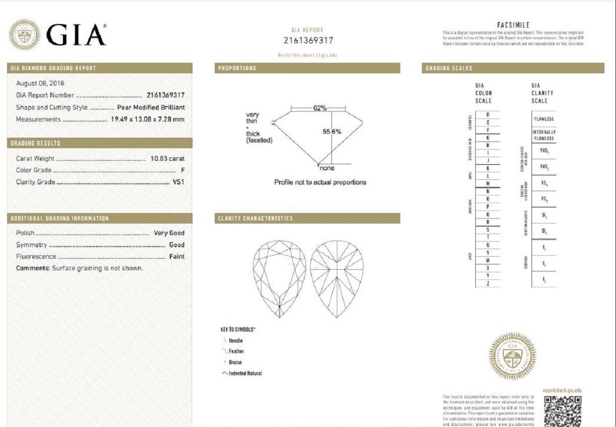 J. Birnbach Bague en diamant en forme de poire 10,03 carats certifié GIA FVS1 avec baguettes effilées Pour femmes en vente