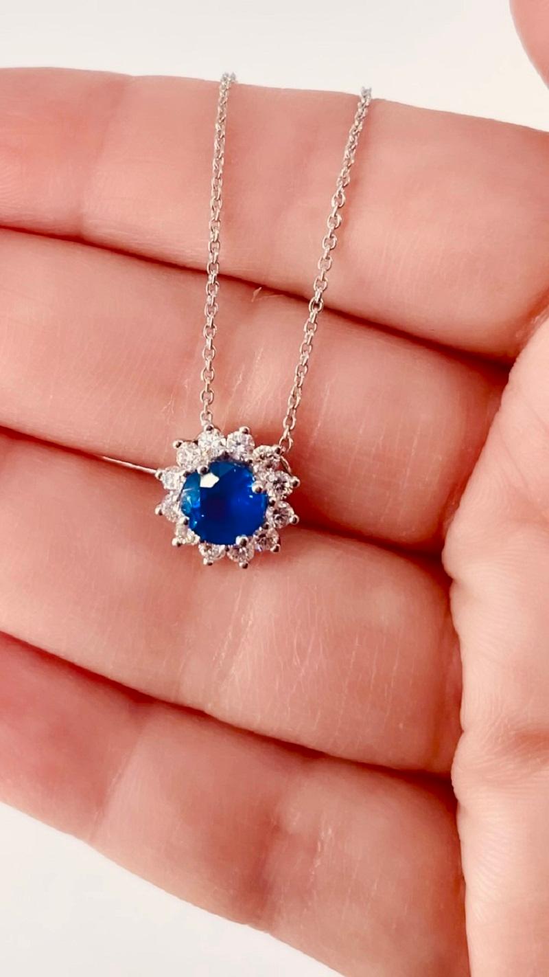 J. Birnbach 1.07 carat Blue Sapphire Halo Pendant in 18K White Gold In New Condition For Sale In New York, NY