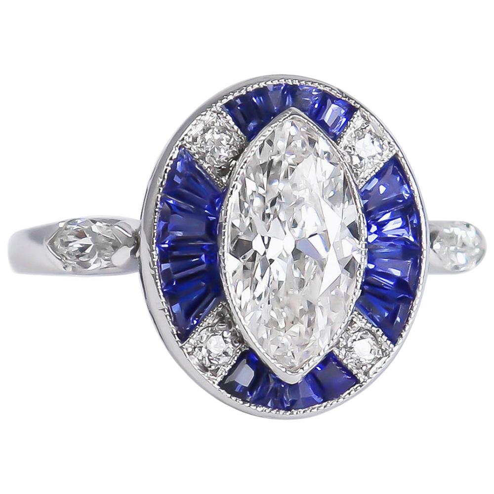 J. Birnbach, bague Art déco en diamants taille brillant modifié marquise de 1,20 carat