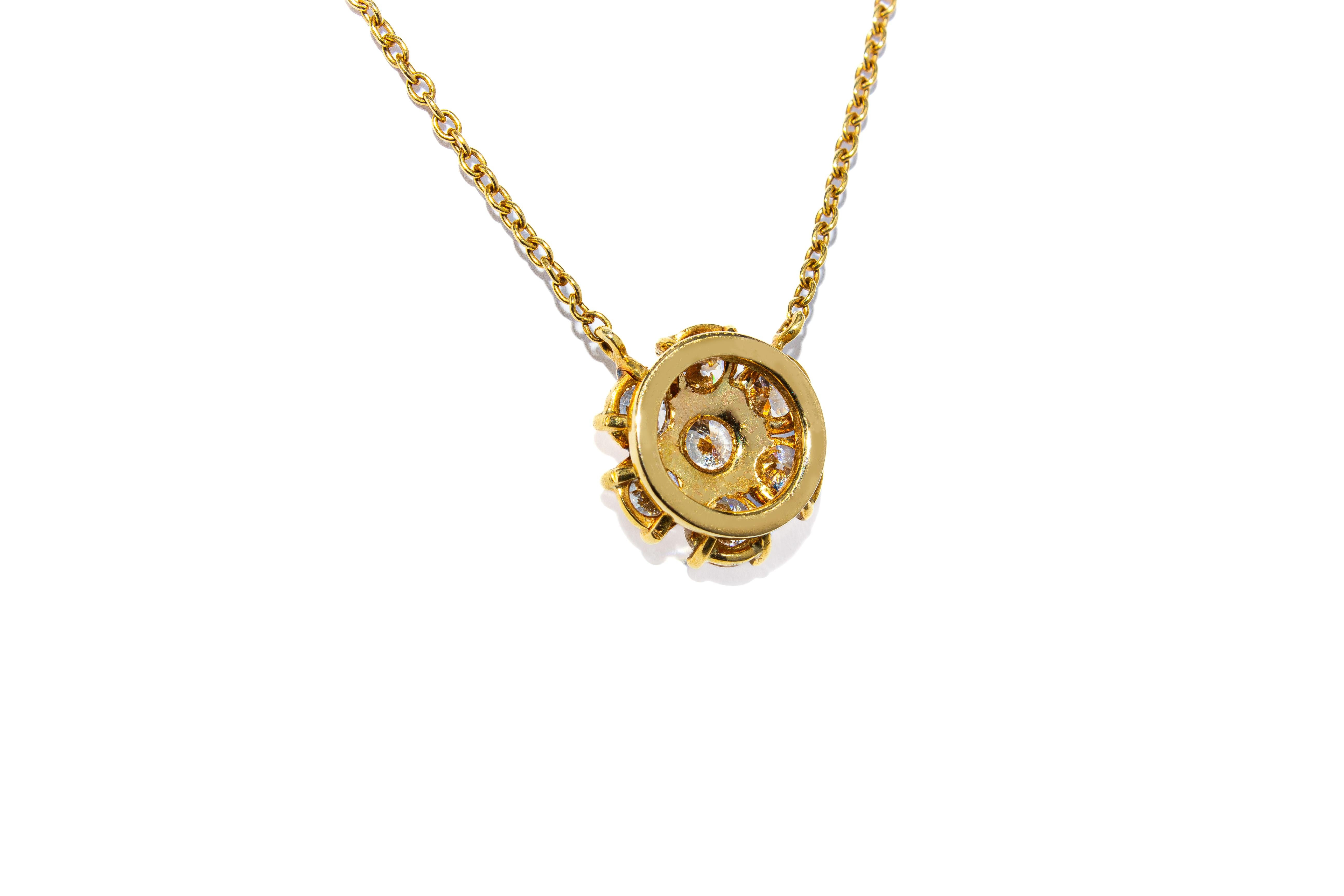 Taglio rotondo J. Birnbach - Collana con ciondolo floreale con diamante da 1,20 carati totali in oro giallo 18 carati in vendita