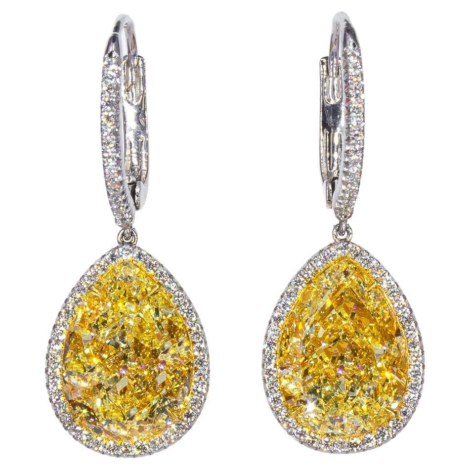 J. Birnbach 12.75 carat Fancy Yellow Pear Diamond Drop Earrings with Halo