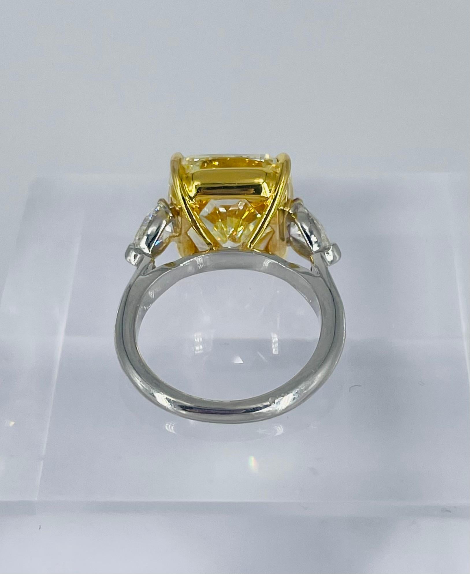 Cushion Cut J. Birnbach 13.05 ct GIA Fancy Yellow Cushion Diamond Ring with Pear Side Stones For Sale