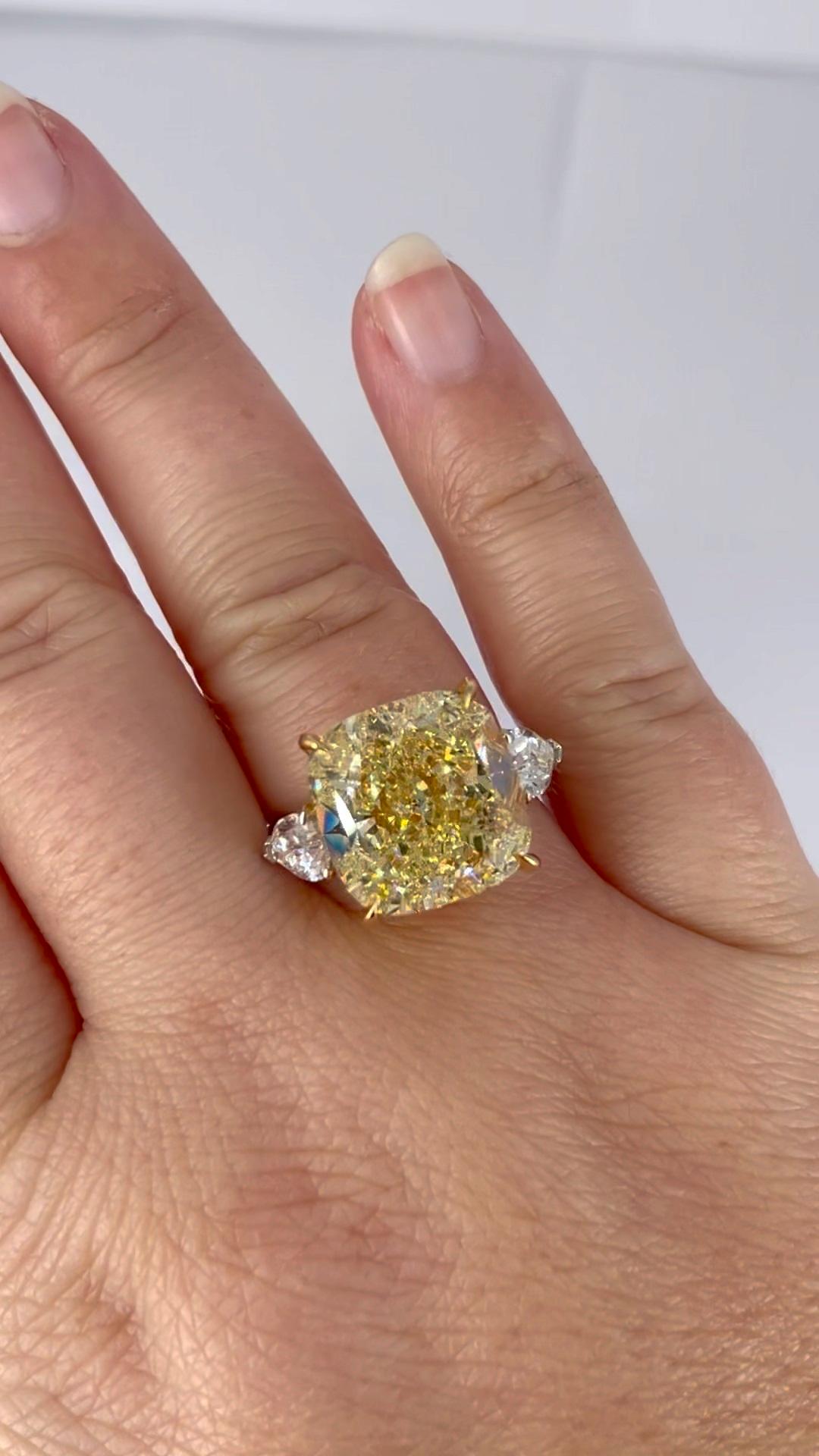 J. Birnbach 13.05 ct GIA Fancy Yellow Cushion Diamond Ring with Pear Side Stones In New Condition For Sale In New York, NY