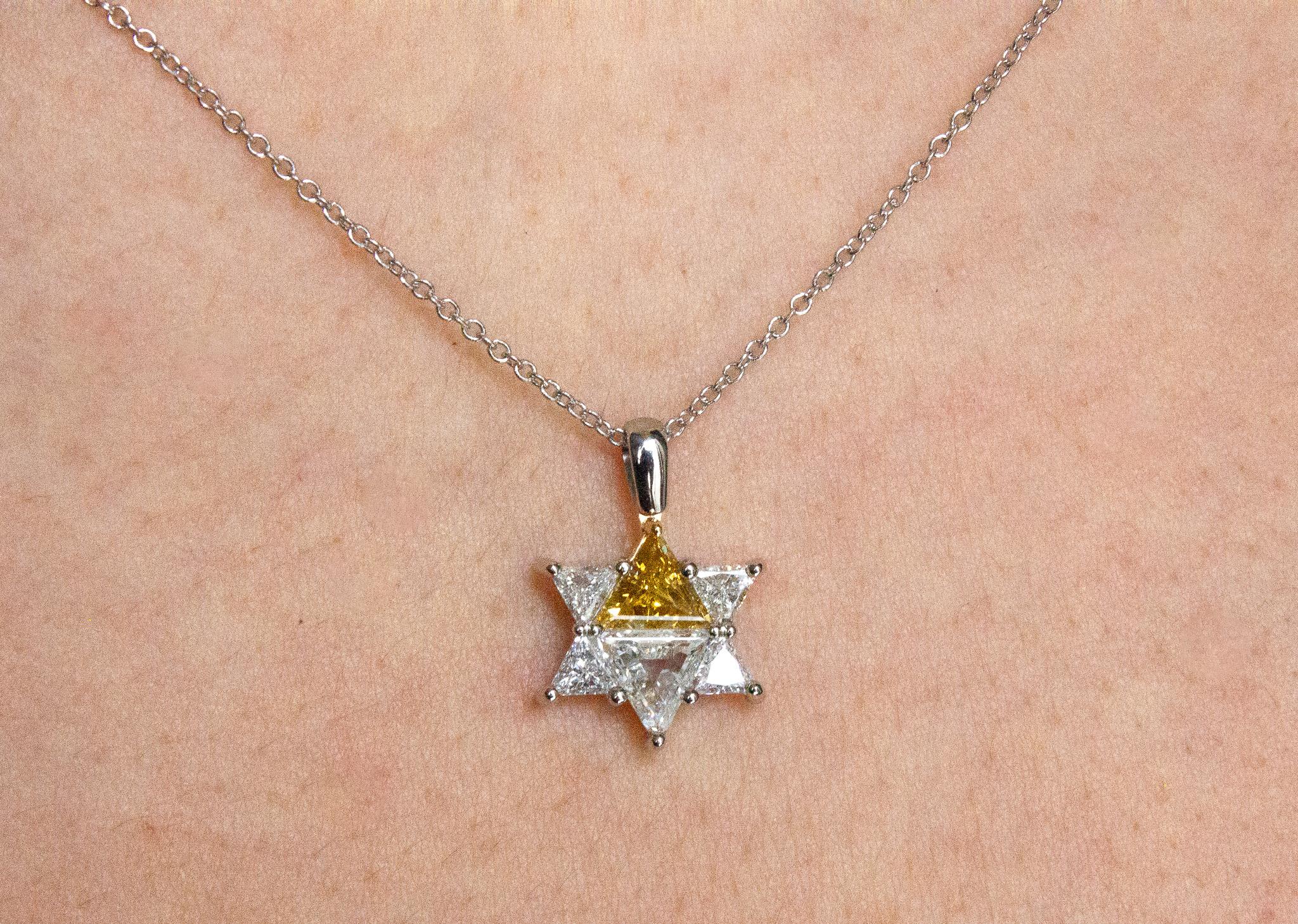 Mostra la tua fede e il tuo stile con questa collana con ciondolo a forma di stella di David in platino e oro giallo 18 carati. Questa splendida collana presenta una Stella di David dal design brillante, ornata da un totale di sei diamanti taglio