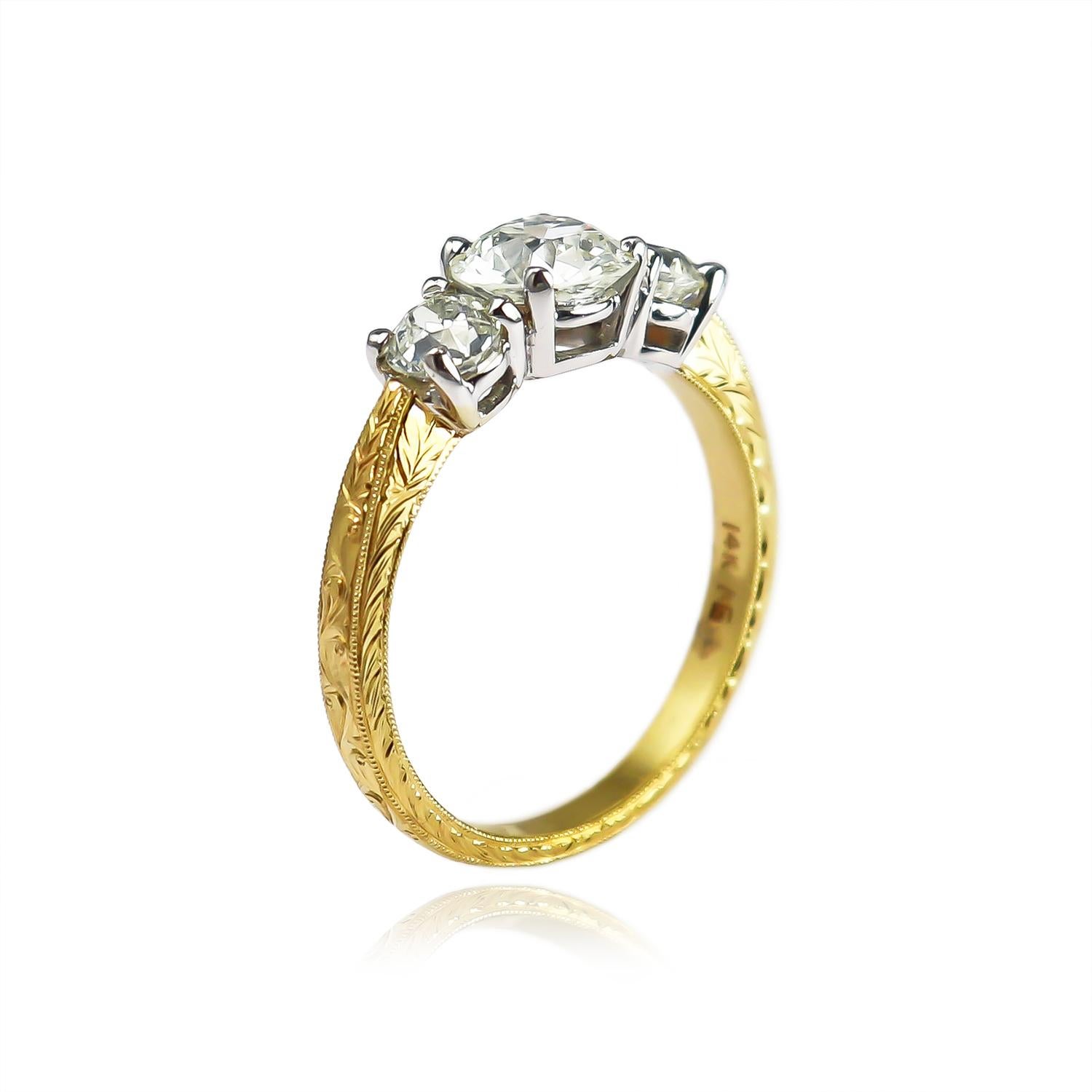 J. Birnbach 1.44 Carat Total Weight Old European Cut Diamond Three-Stone Ring  In Excellent Condition In New York, NY