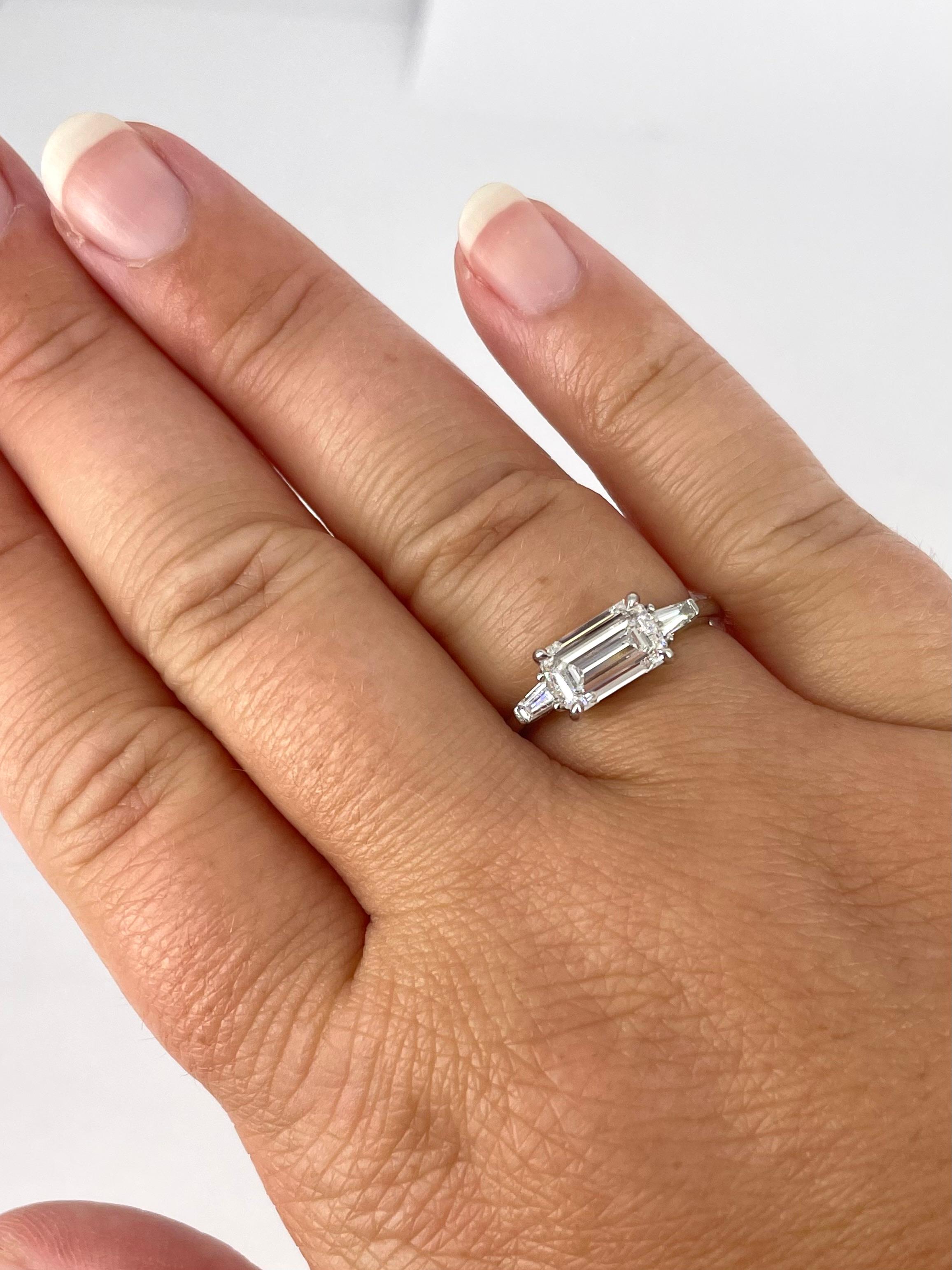 J. Birnbach 1.51 ct Emerald Cut East West Engagement Ring with Tapered Baguettes In New Condition For Sale In New York, NY