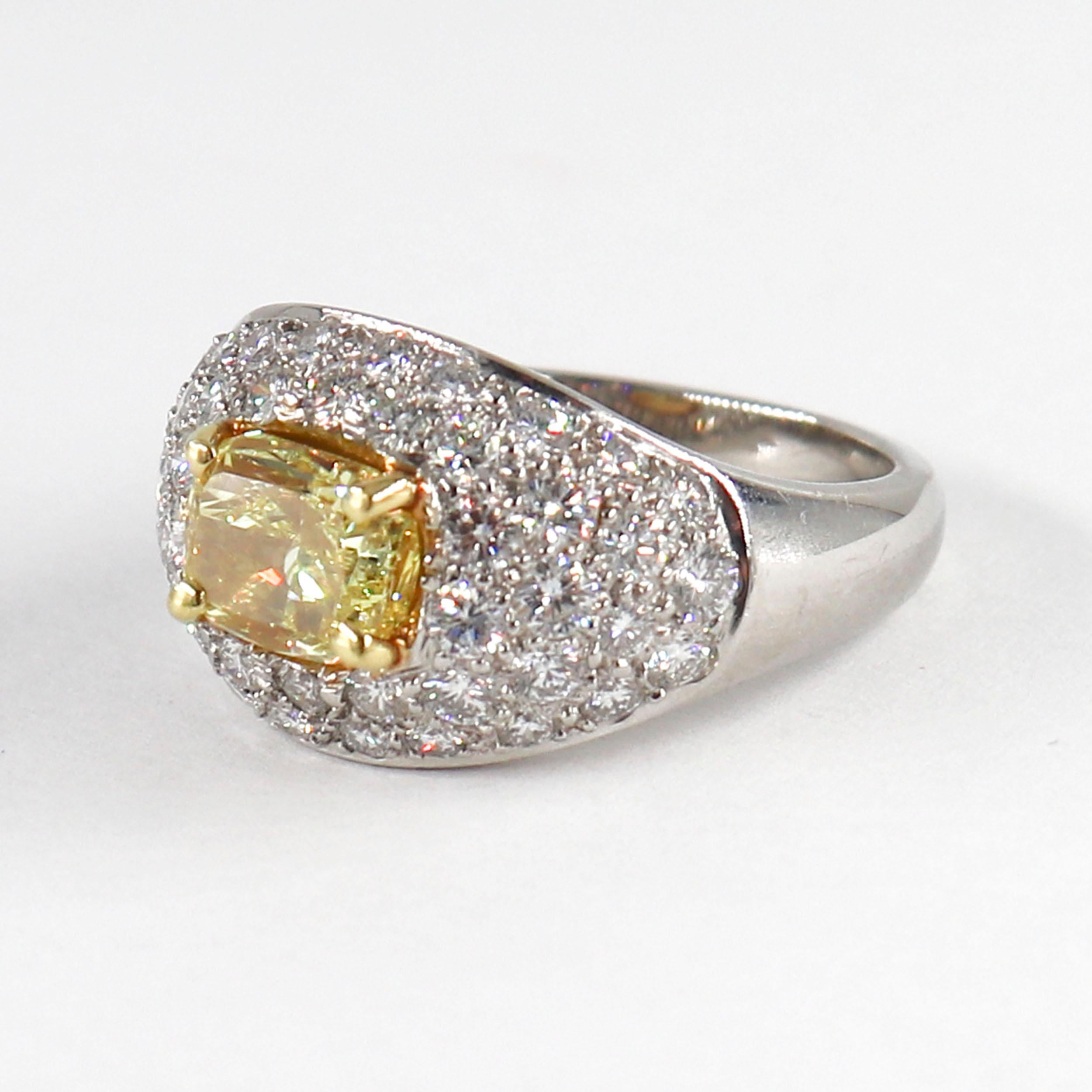 Modern J. Birnbach 1.53 Carat Fancy Intense Yellow Cushion Diamond Pave Ring For Sale