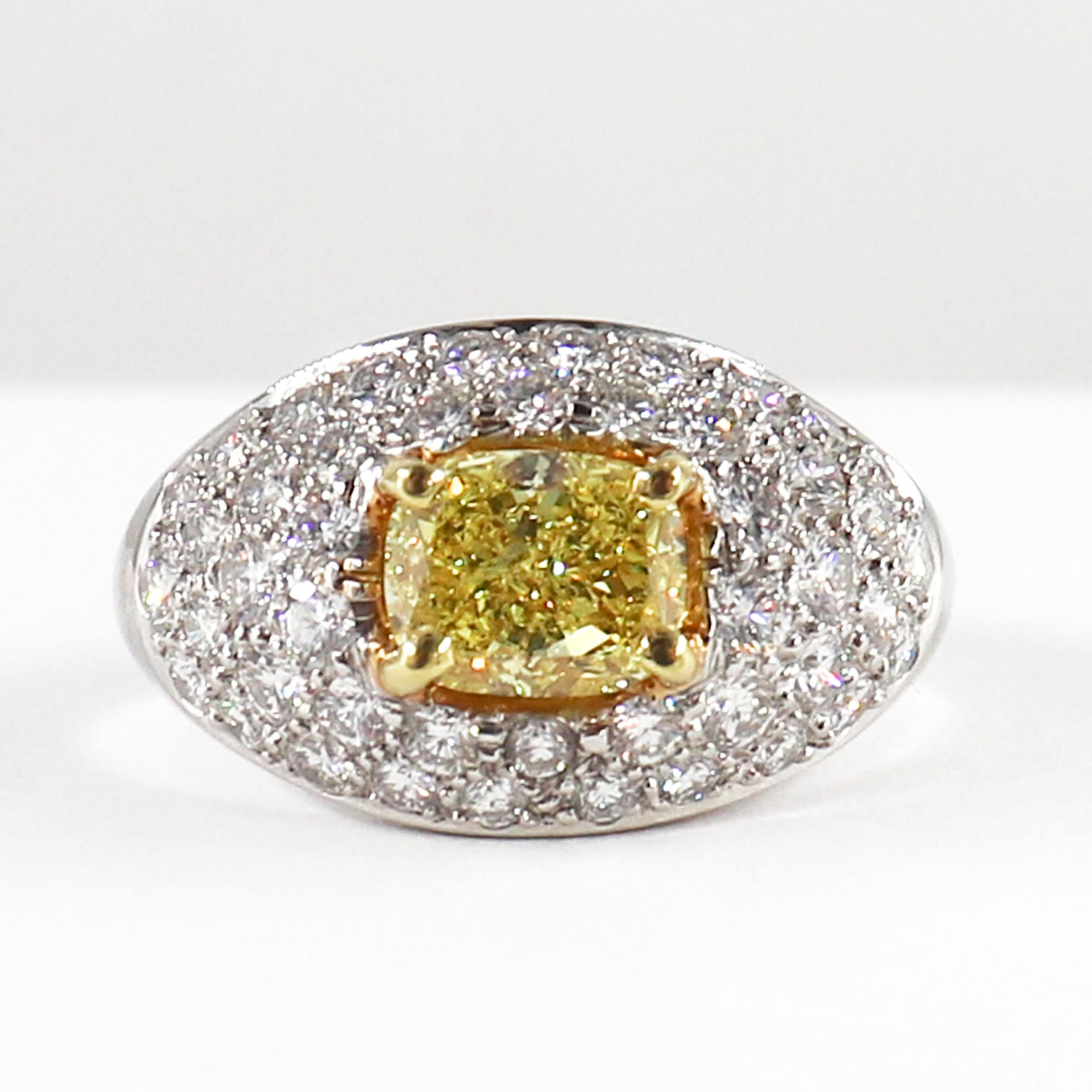 J. Birnbach 1.53 Carat Fancy Intense Yellow Cushion Diamond Pave Ring In New Condition For Sale In New York, NY