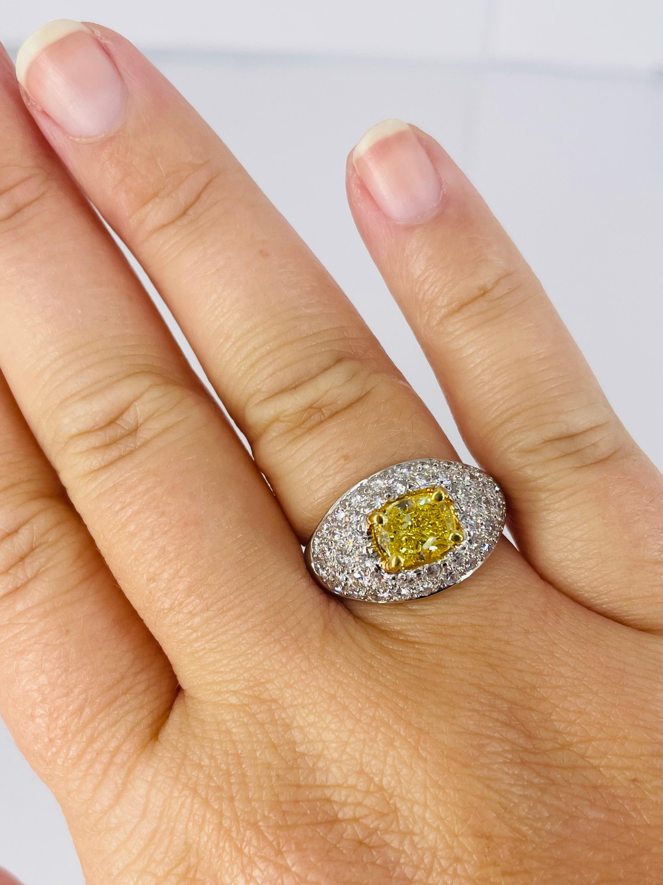 Women's J. Birnbach 1.53 Carat Fancy Intense Yellow Cushion Diamond Pave Ring For Sale