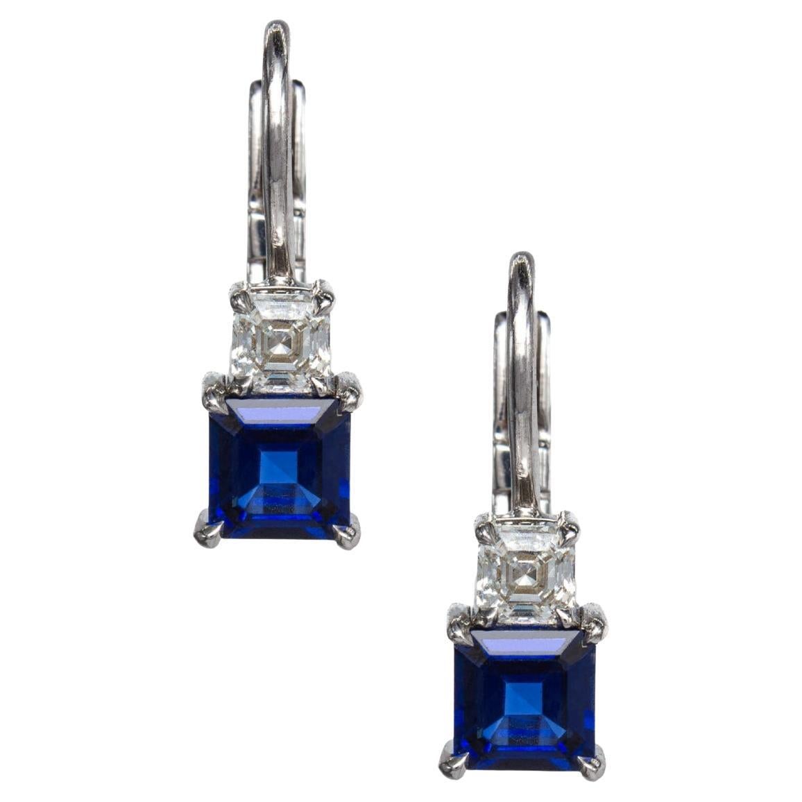 J. Birnbach 1.57 Carat Total Asscher Cut Sapphire and Diamond Mini Drop Earrings For Sale