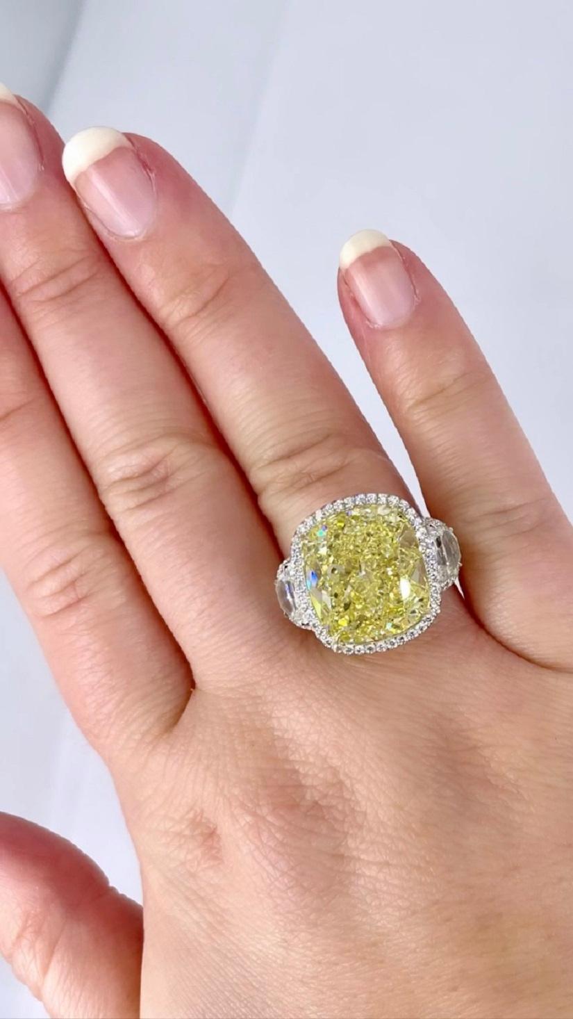 Women's J. Birnbach 16.06 carat GIA Fancy Yellow Cushion Cut Diamond Three Stone Ring  For Sale