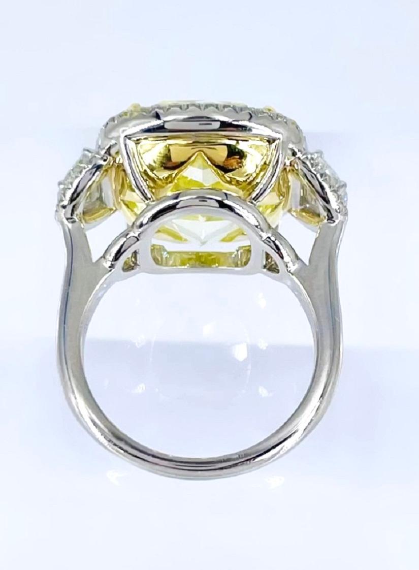 J. Birnbach 16.06 carat GIA Fancy Yellow Cushion Cut Diamond Three Stone Ring  For Sale 1