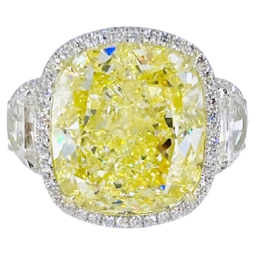 J. Birnbach 16.06 carat GIA Fancy Yellow Cushion Cut Diamond Three Stone Ring  For Sale