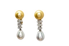 J. Birnbach 1.71 Carat Total Golden Pearl and Marquise Diamond Drop Earrings