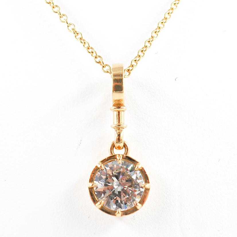 Round Cut J. Birnbach 1.80 Carat Diamond and Yellow Gold Pendant Necklace