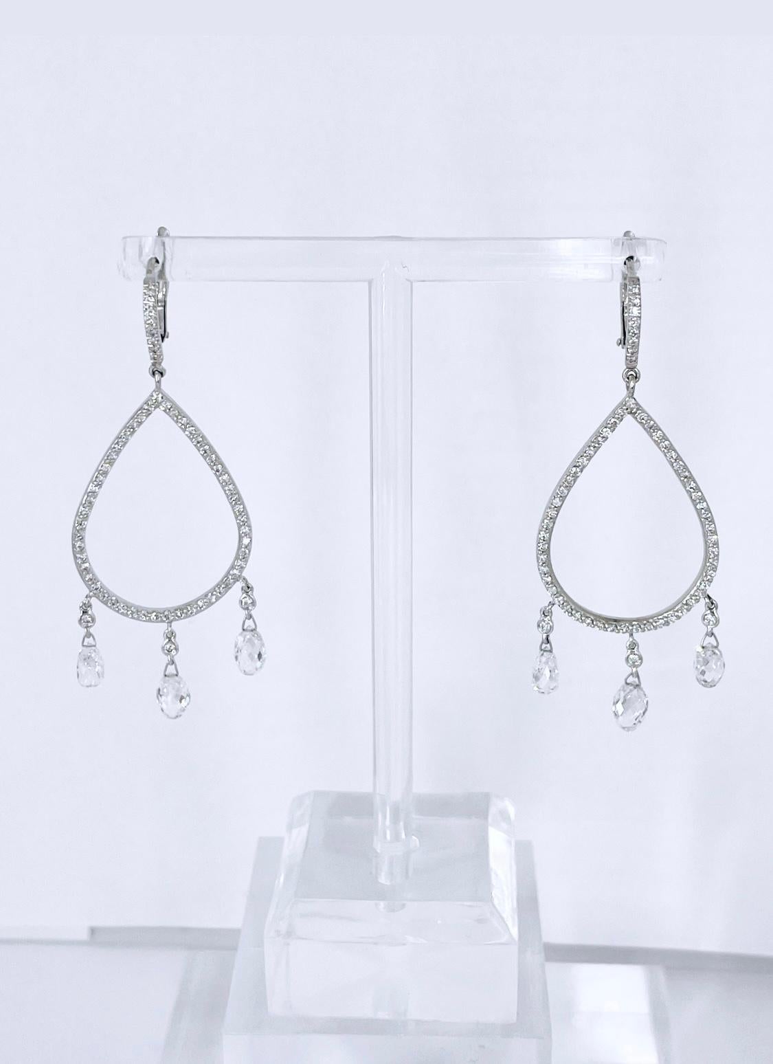 Contemporary J. Birnbach 18K White Gold Handmade Diamond Briolette & Pavé Chandelier Earrings For Sale