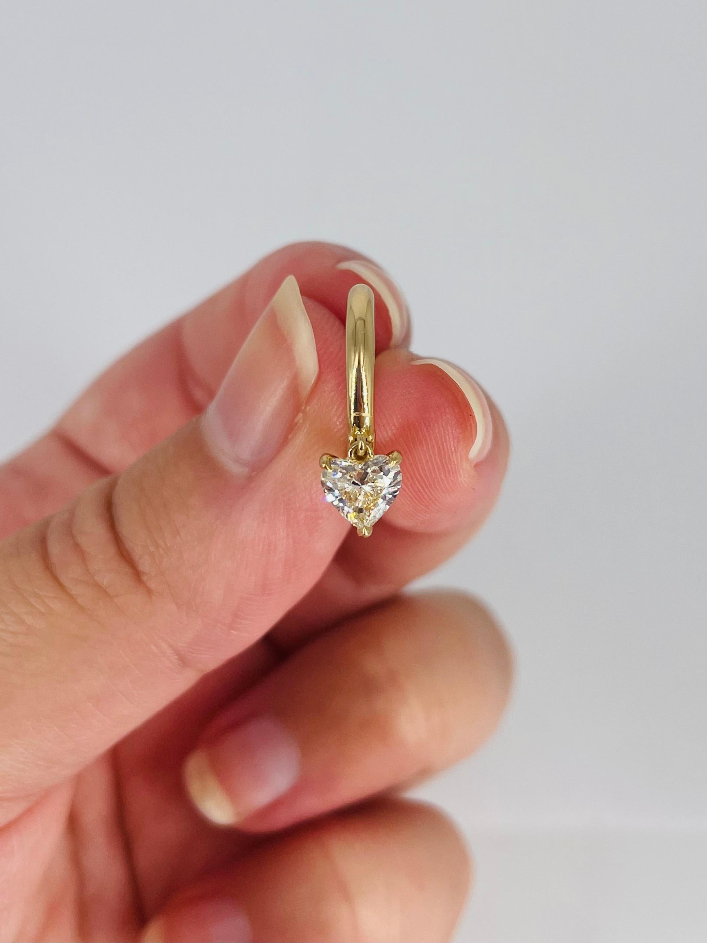 J. Birnbach 18K Yellow Gold Huggie Hoop Earrings with Heart Shape Diamond Drop In New Condition For Sale In New York, NY