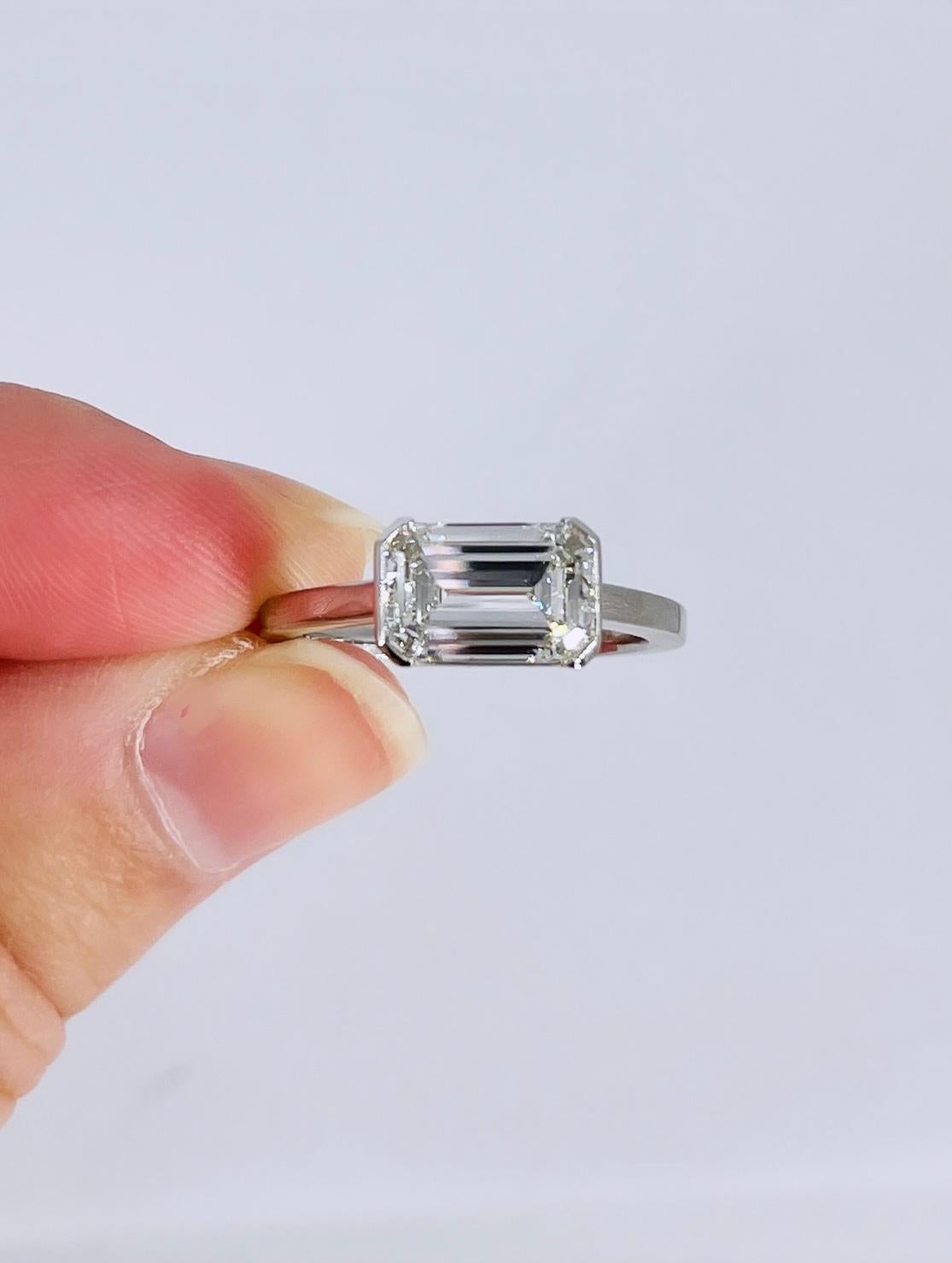 J. Birnbach 2.01 carat Emerald Cut Diamond East West Half Bezel Solitaire Ring In New Condition For Sale In New York, NY