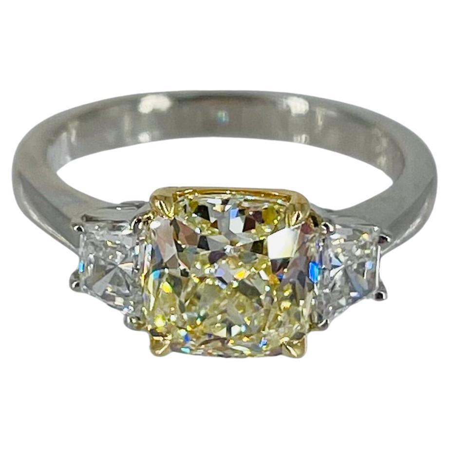 J. Birnbach 2.17 carat Cushion Cut Yellow Diamond Three Stone Ring For Sale