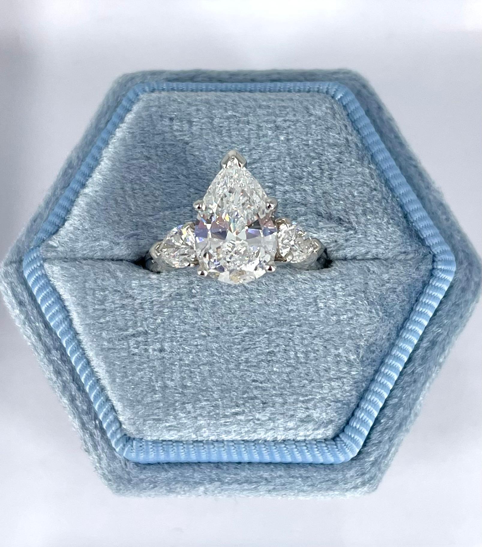 Pear Cut J. Birnbach 2.18 carat GIA Pear Shape Diamond Ring with Pear Shape Side Stones For Sale