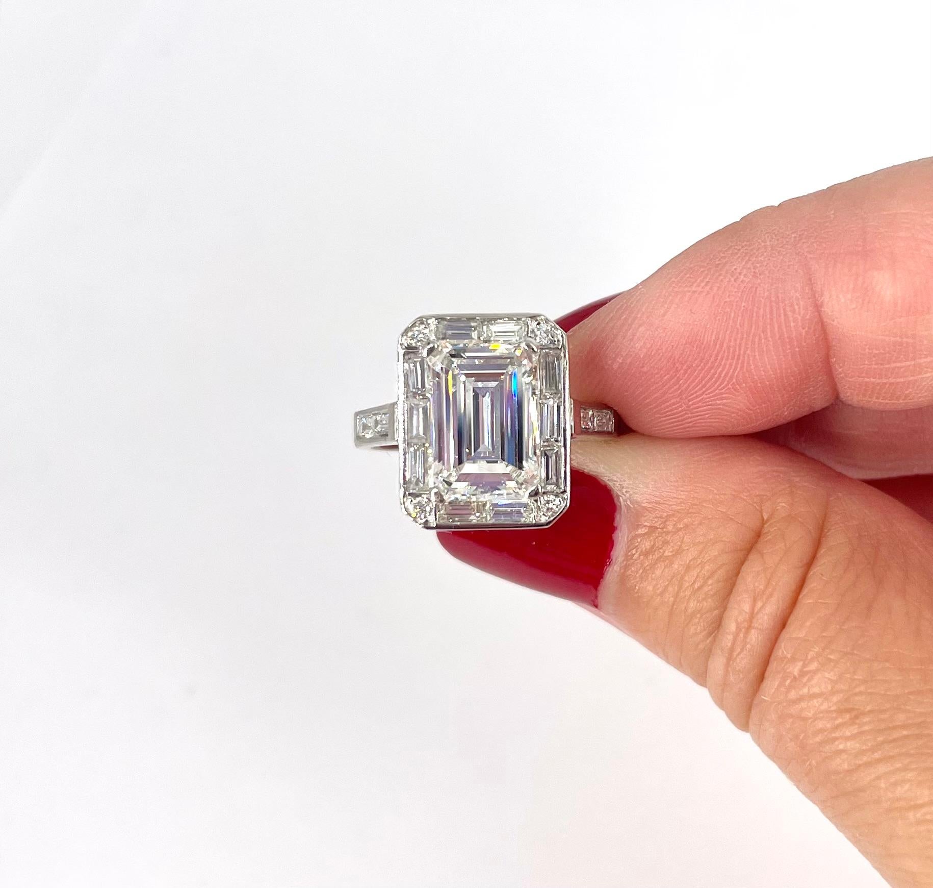 Women's J. Birnbach Art Deco Style Ring with 2.60 carat Emerald Cut Center Diamond For Sale