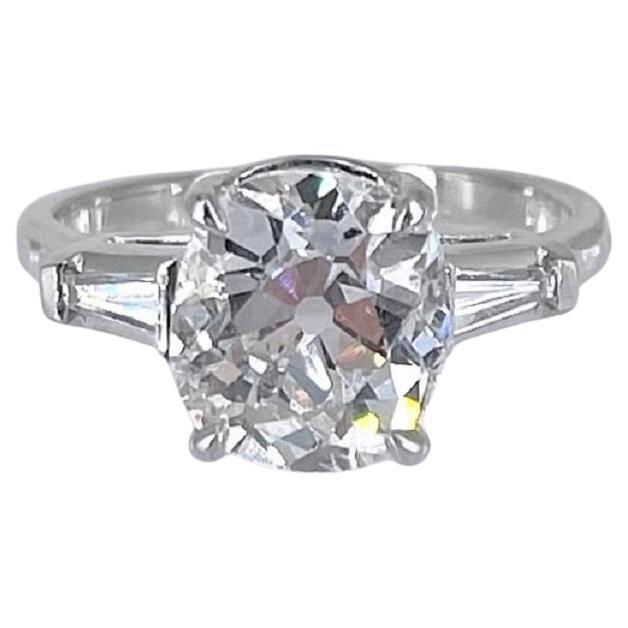 J. Birnbach 2.77 carat GIA E SI Old Mine Cut Diamond Ring with Tapered Baguettes