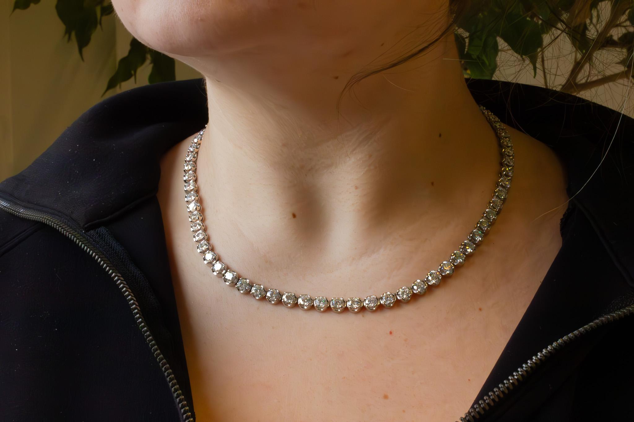 Women's or Men's J. Birnbach 28.46 Carat Total Round Brilliant Diamond Tennis Necklace For Sale