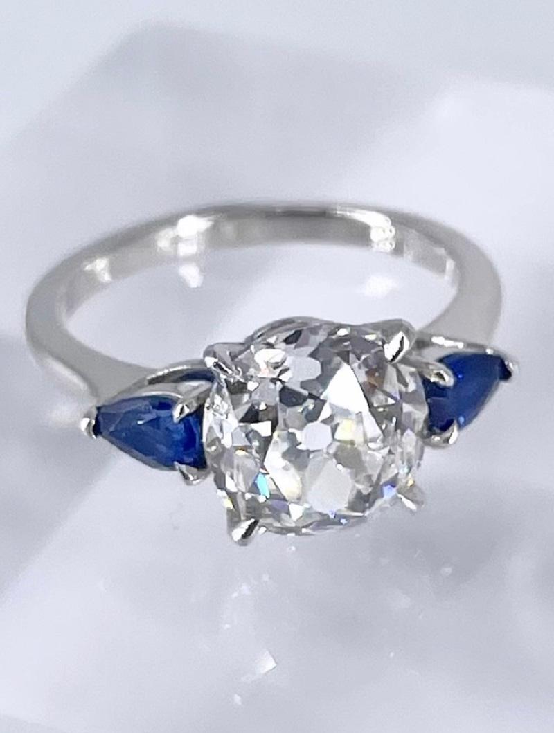 This beautiful ring by J. Birnbach features a stunning 3.01 carat European cut, certified by GIA as H color and VS2 clarity. The large facets and visible culet characteristic of the European cut give this diamond its Old World charm. The center