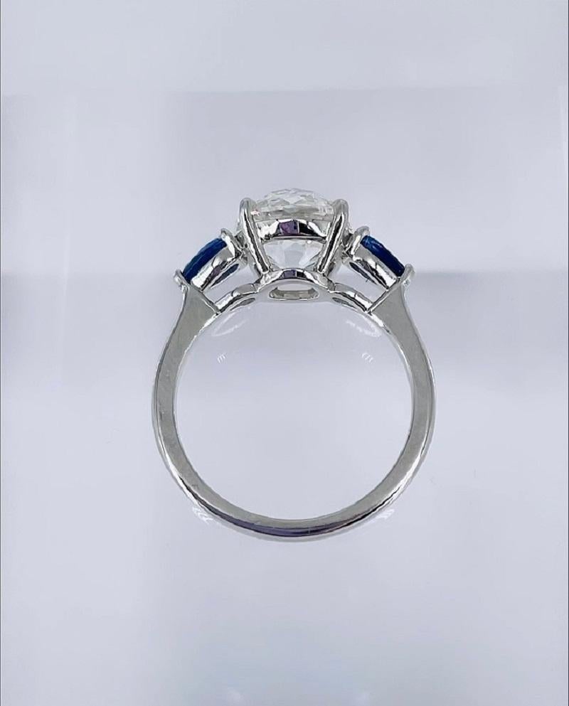 Old European Cut J. Birnbach 3.01 carat GIA HVS2 European Cut Three Stone Ring with Sapphires For Sale