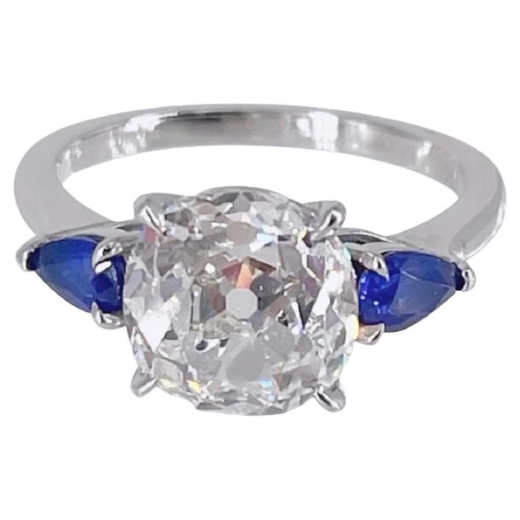 J. Birnbach 3.01 carat GIA HVS2 European Cut Three Stone Ring with Sapphires For Sale