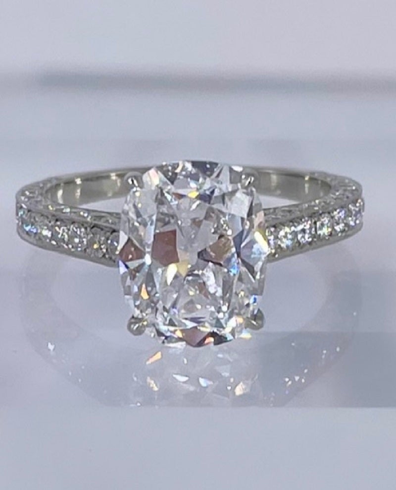 J. Birnbach 3.18 carat Cushion Diamond Engagement Ring with 3 Sided Pave Band For Sale