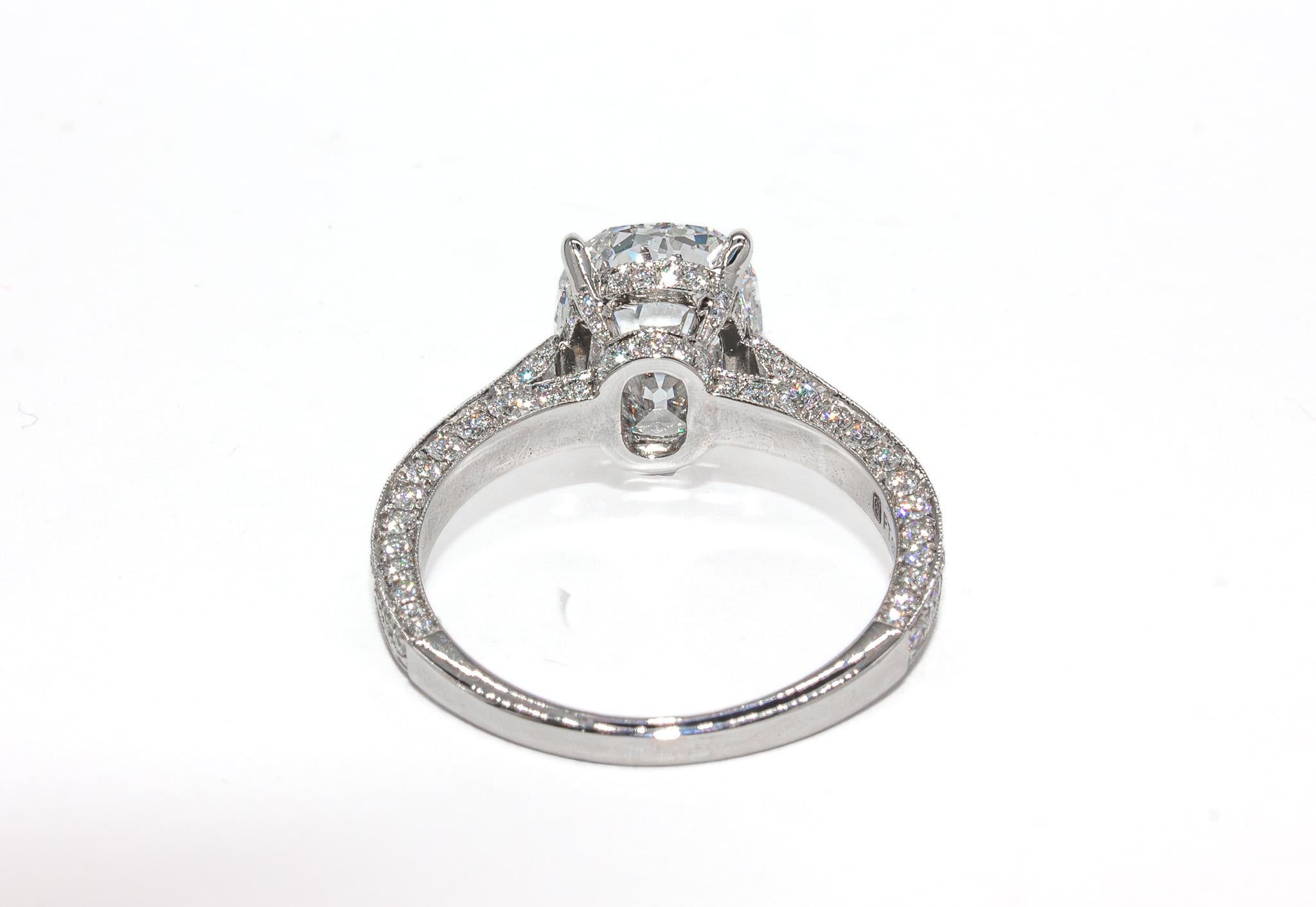 Women's J. Birnbach 3.18 Carat Cushion Diamond Three Sided Pave Engagement Ring For Sale