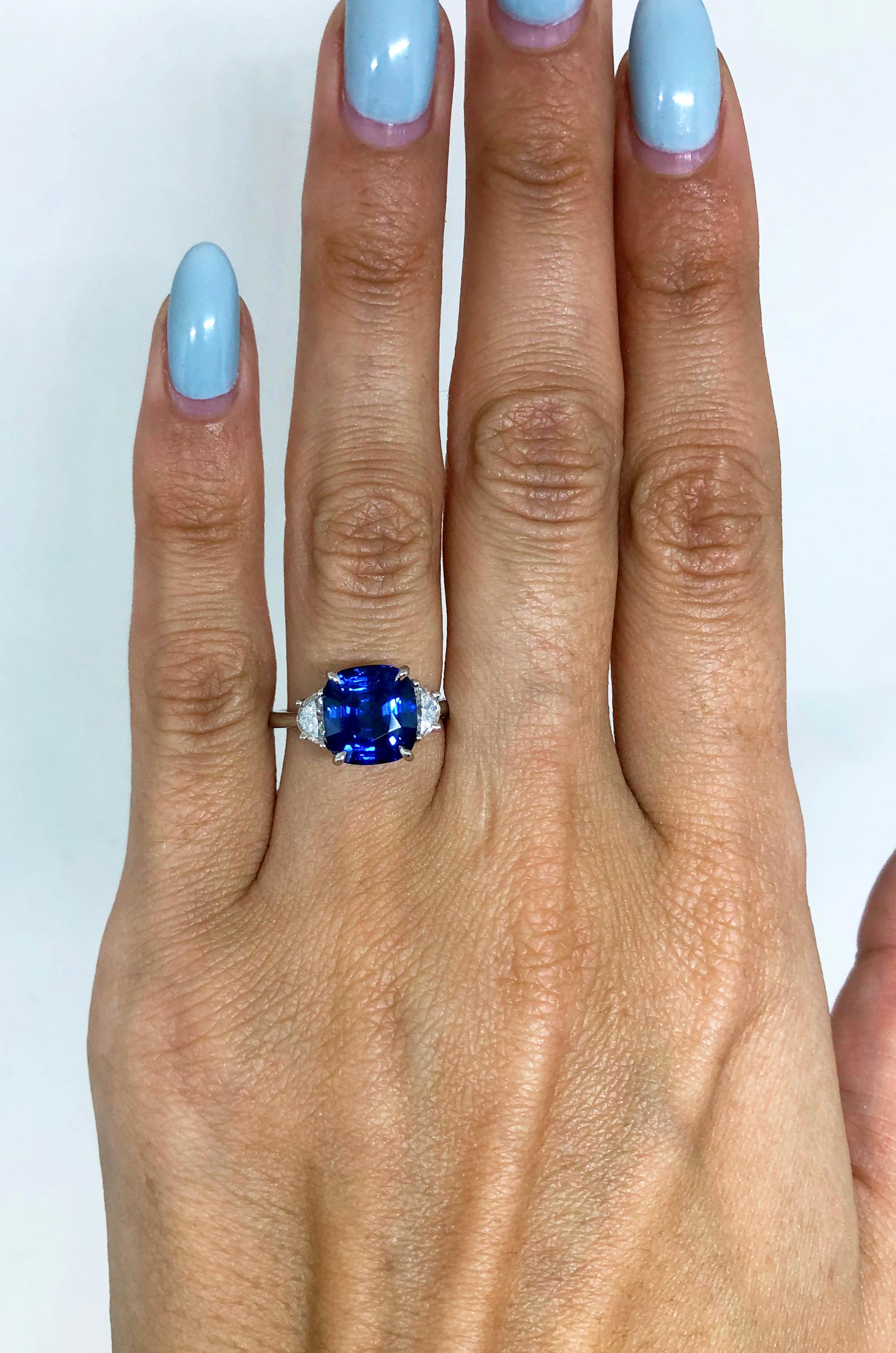 J. Birnbach 5.06 Carat Sapphire Cushion and Diamond Three-Stone Ring In New Condition In New York, NY