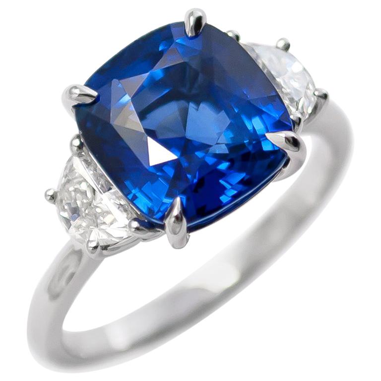 J. Birnbach 5.06 Carat Sapphire Cushion and Diamond Three-Stone Ring