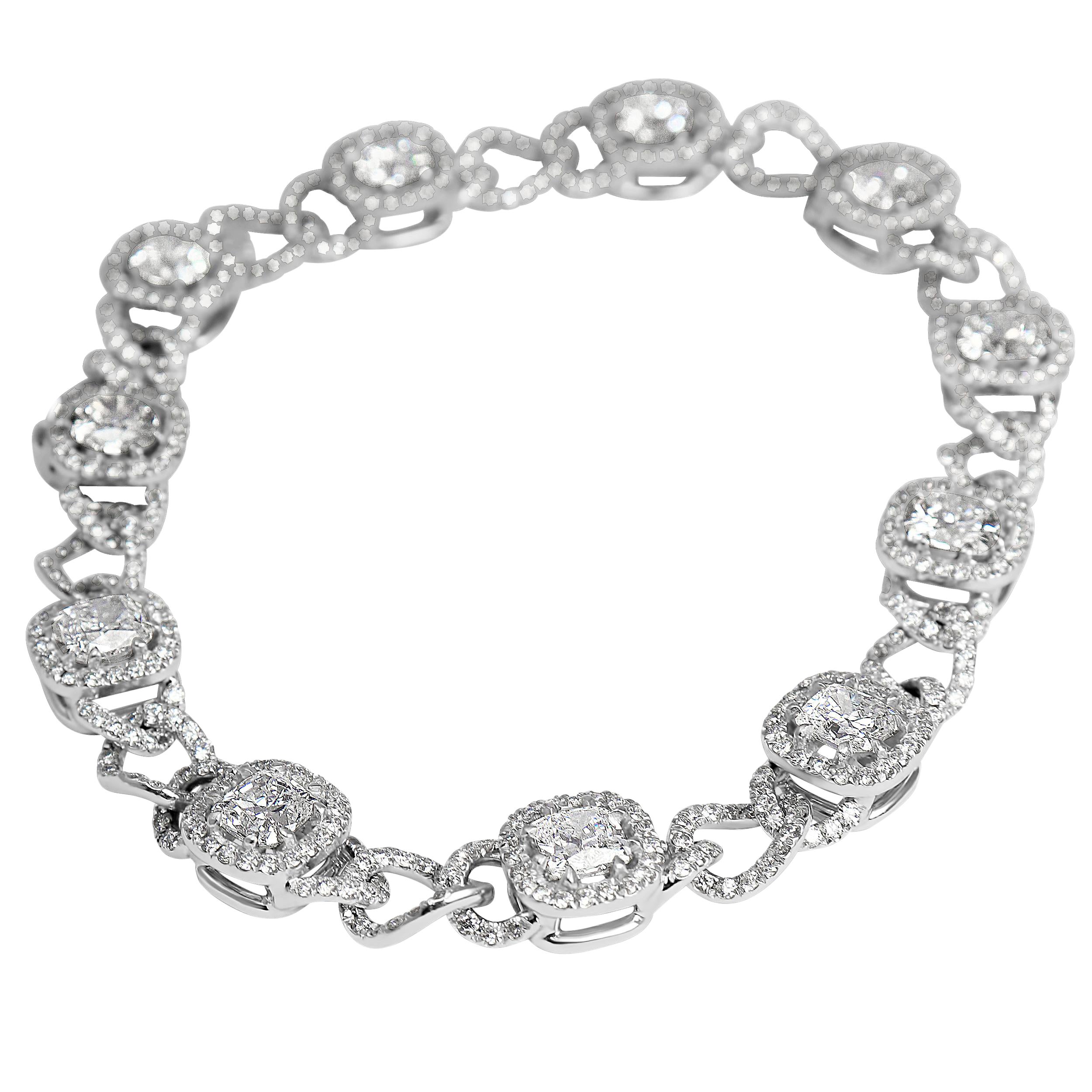 J. Birnbach Bracciale A Link con Pave di diamanti da 7,69 carati e diamanti a cuscino