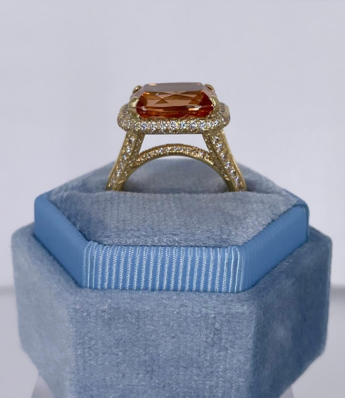 J. Birnbach 8.85 carat Warm Orange Topaz East West Halo Ring in Yellow Gold In New Condition For Sale In New York, NY