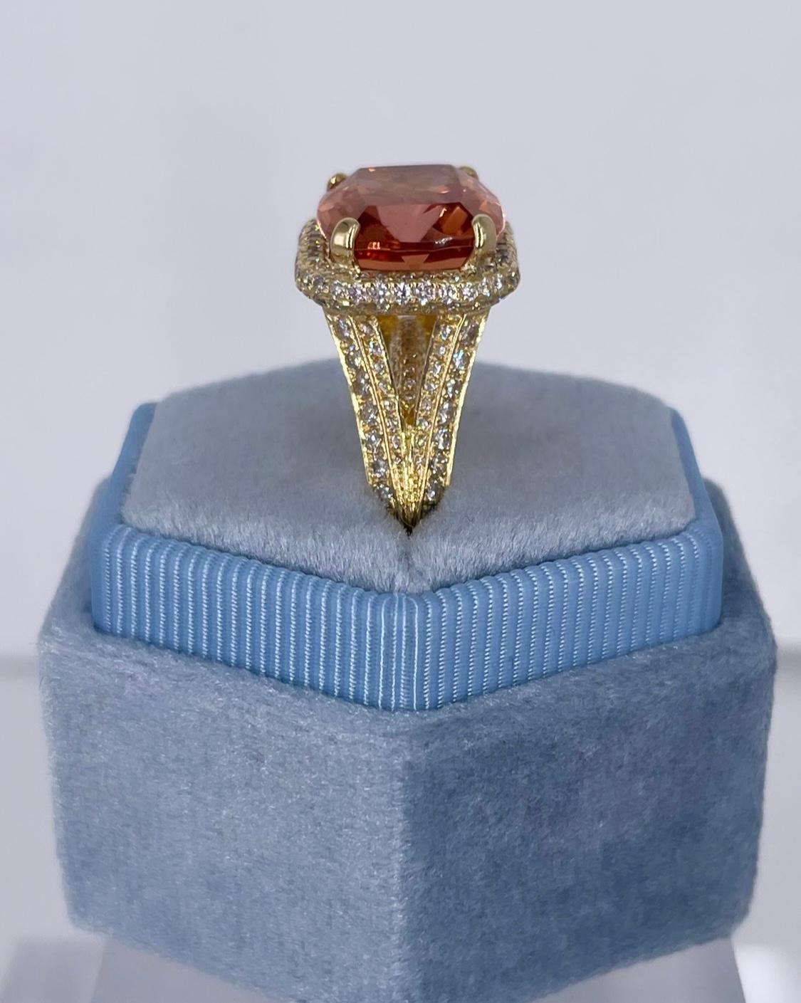 Women's J. Birnbach 8.85 carat Warm Orange Topaz East West Halo Ring in Yellow Gold For Sale