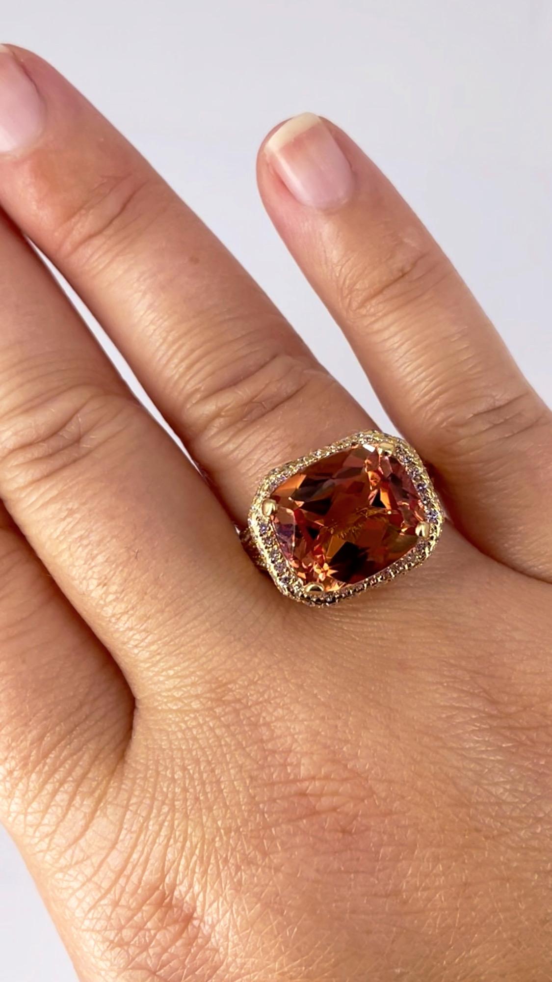 J. Birnbach 8.85 carat Warm Orange Topaz East West Halo Ring in Yellow Gold For Sale 1