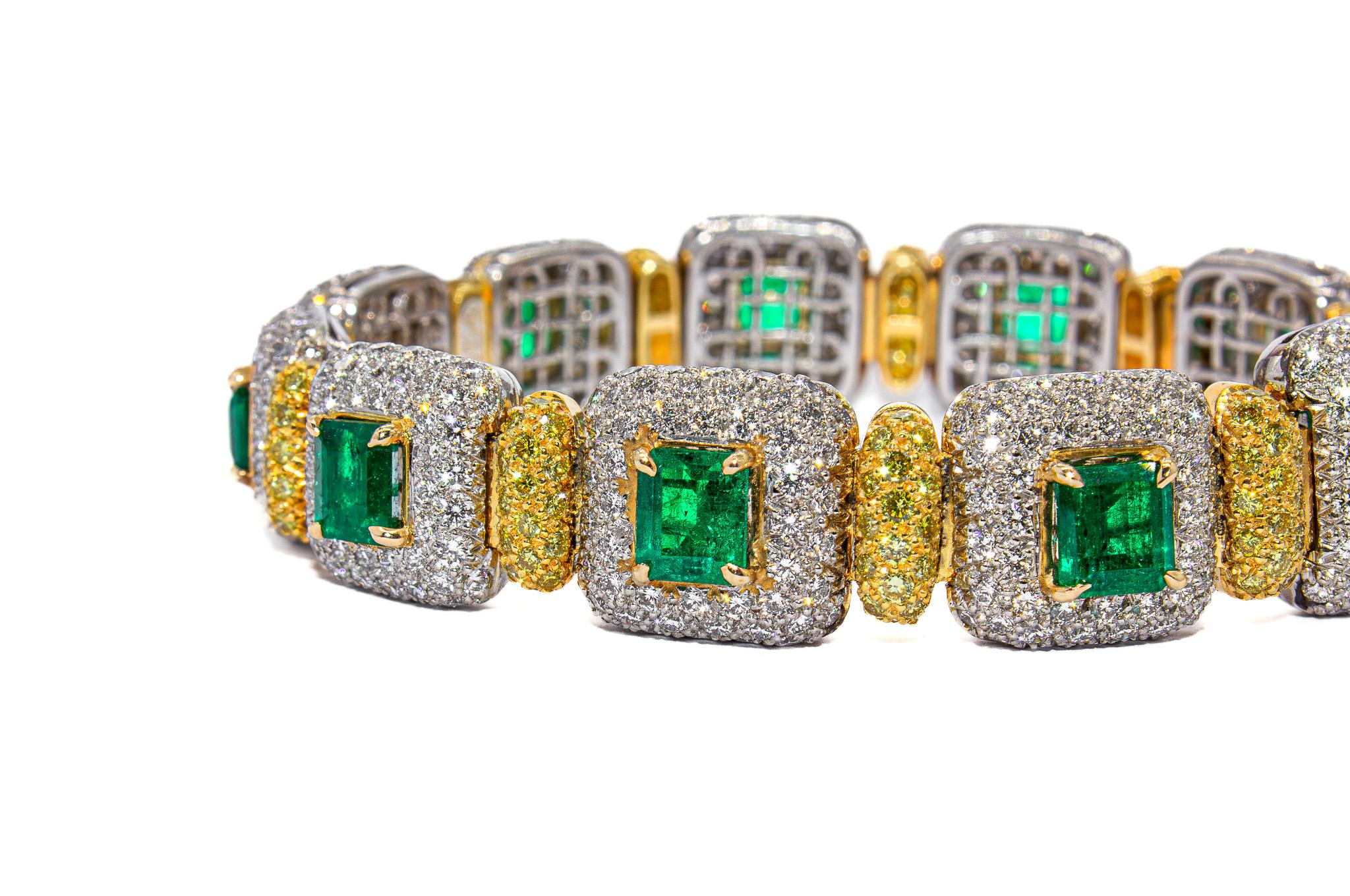 Contemporain J. Birnbach Bracelet en or 18 carats de 9,63 carats d'émeraudes et de diamants jaunes fantaisie en vente