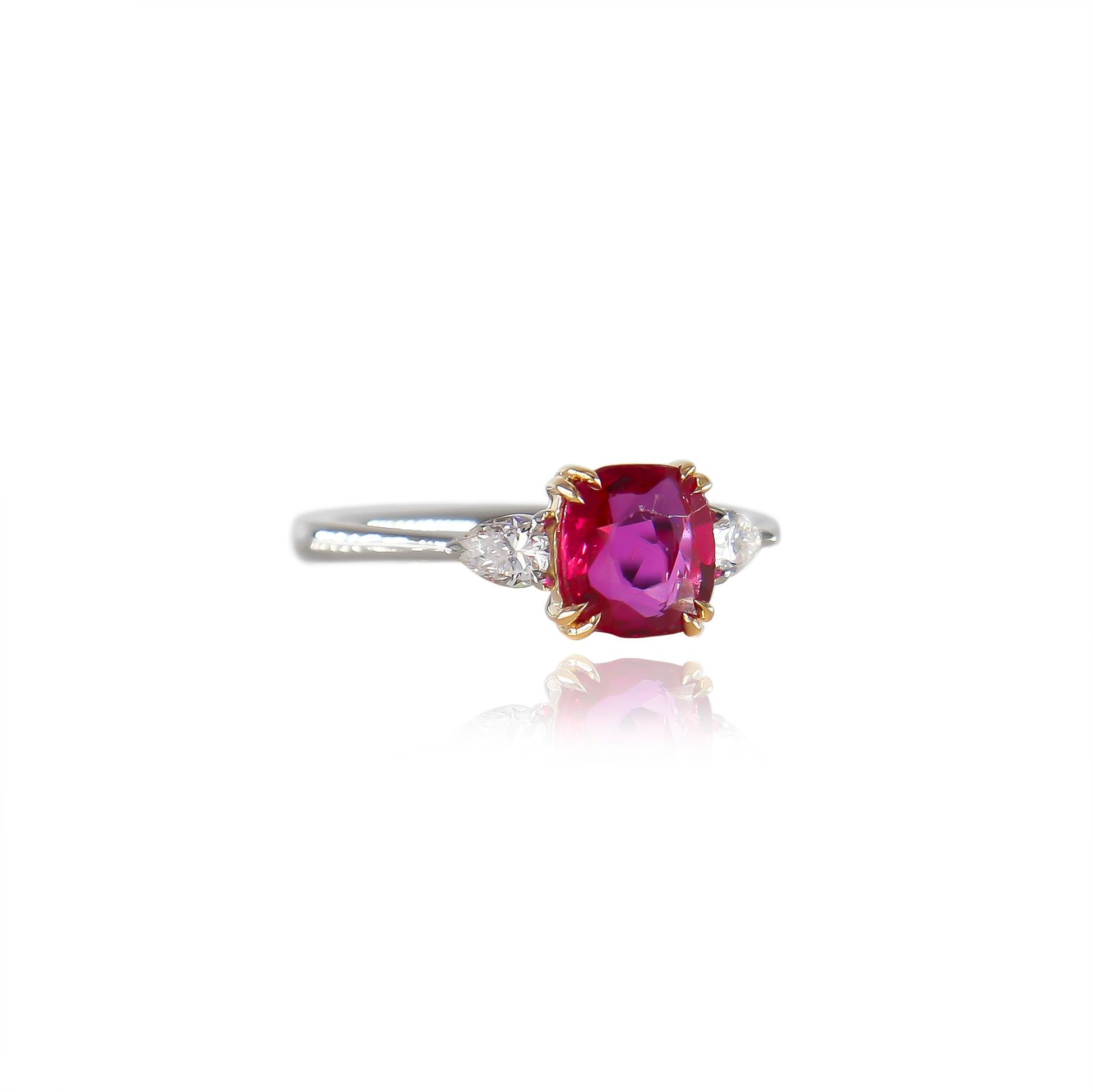 Contemporary J. Birnbach AGL Certified 1.29 Carat Pinkish-Red Burmese Ruby & Diamond Ring
